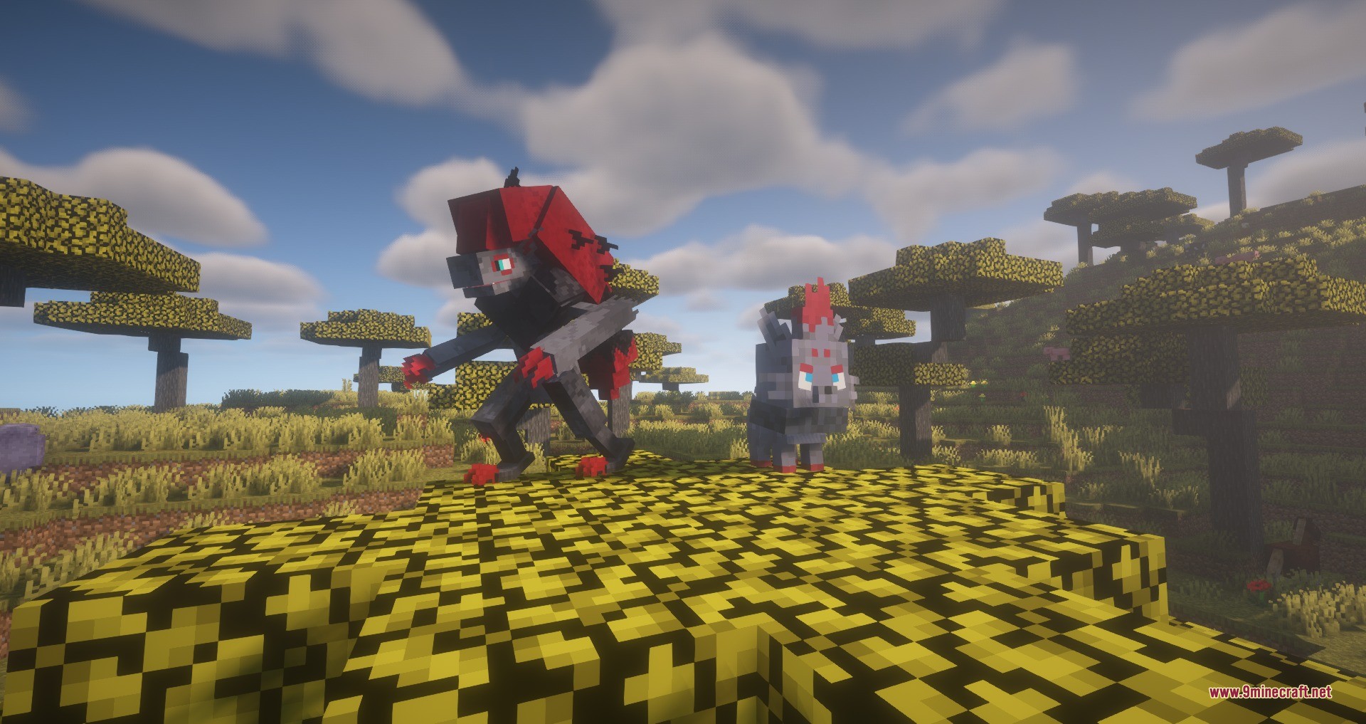 Zoroark and zorua standing on a yellow and black checkered block in savanna