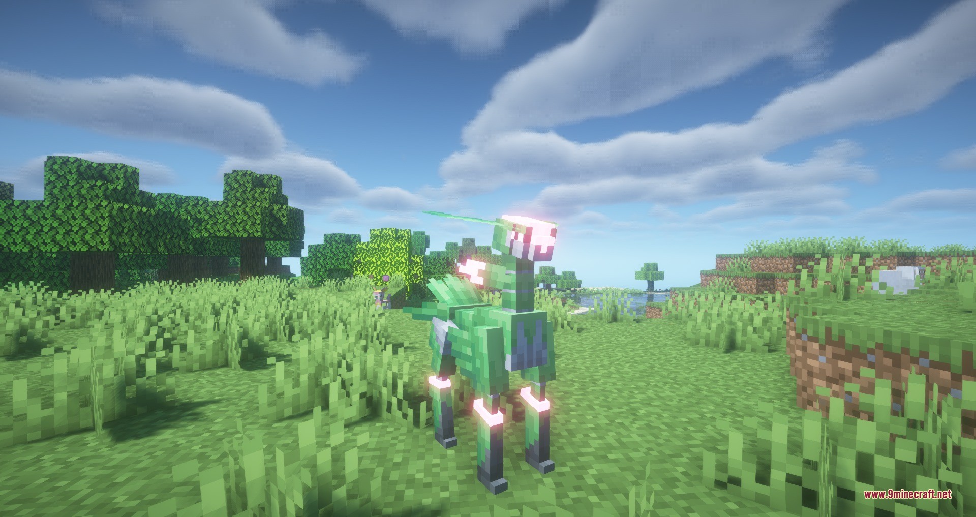 Iron leaves creature model standing in a grassy field under a clear sky