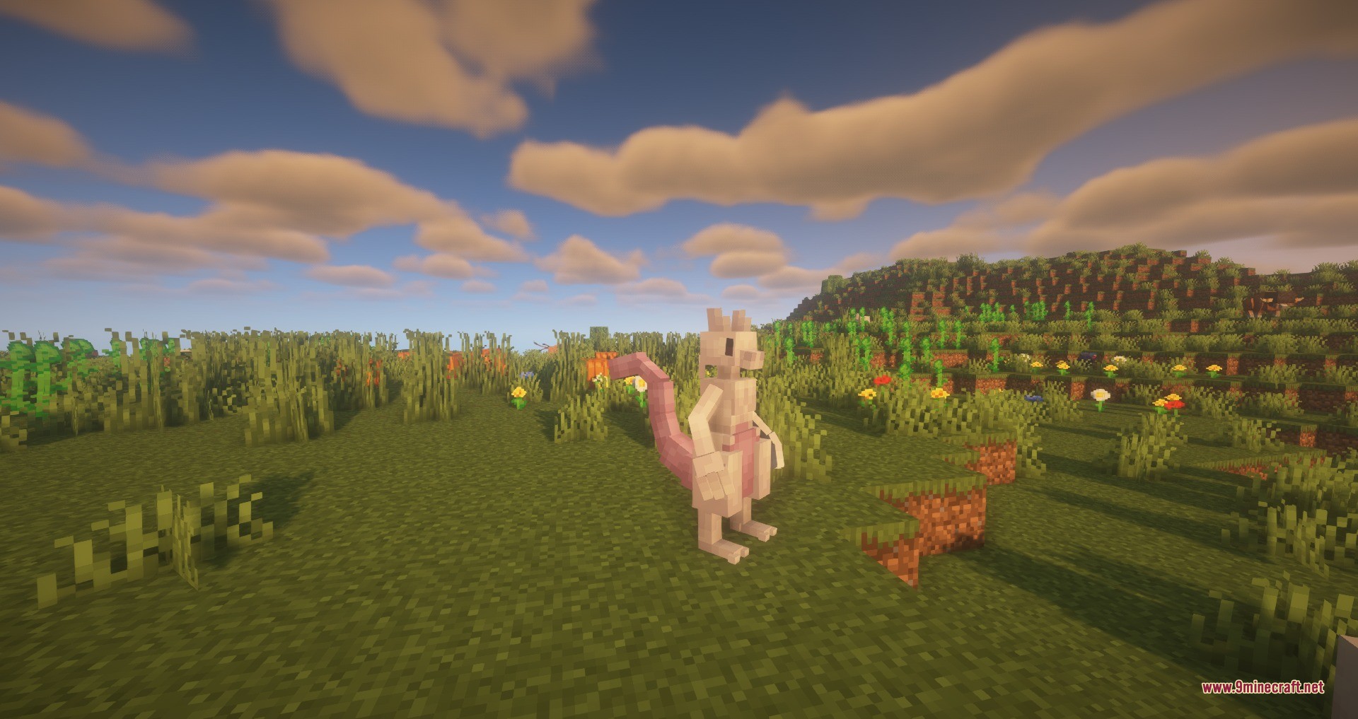 Mewtwo stands in a grassy field under a bright blue sky