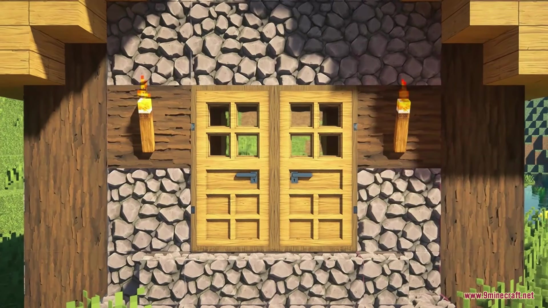 Detailed wooden doors and cobblestone walls on a house using high resolution textures