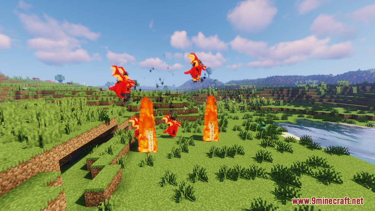 Neko’s Dragon Blazes Resource Pack (1.20.1) – Mythical Dragons For A Fantasy 2 Small red dragons flying and breathing fire pillars in a grassy field