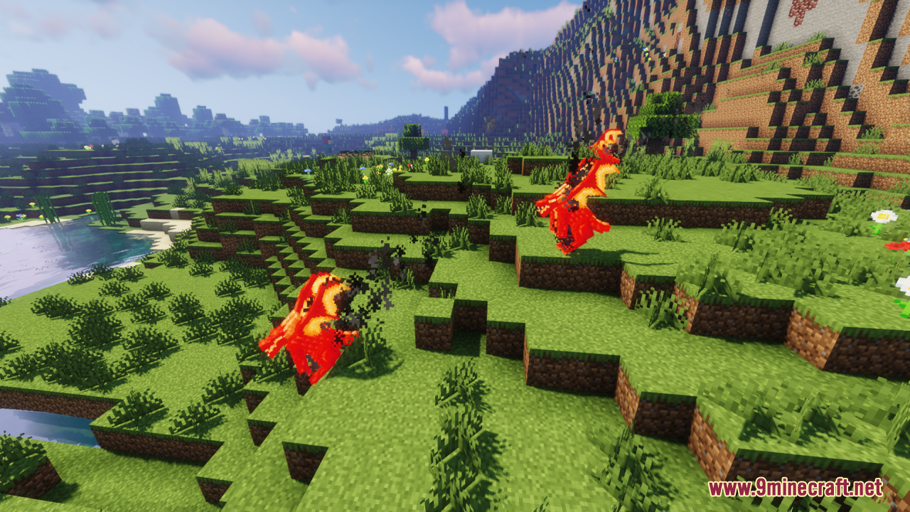 Neko’s Dragon Blazes Resource Pack (1.20.1) – Mythical Dragons For A Fantasy 11 Two winged red dragons standing on a grassy hill near a river