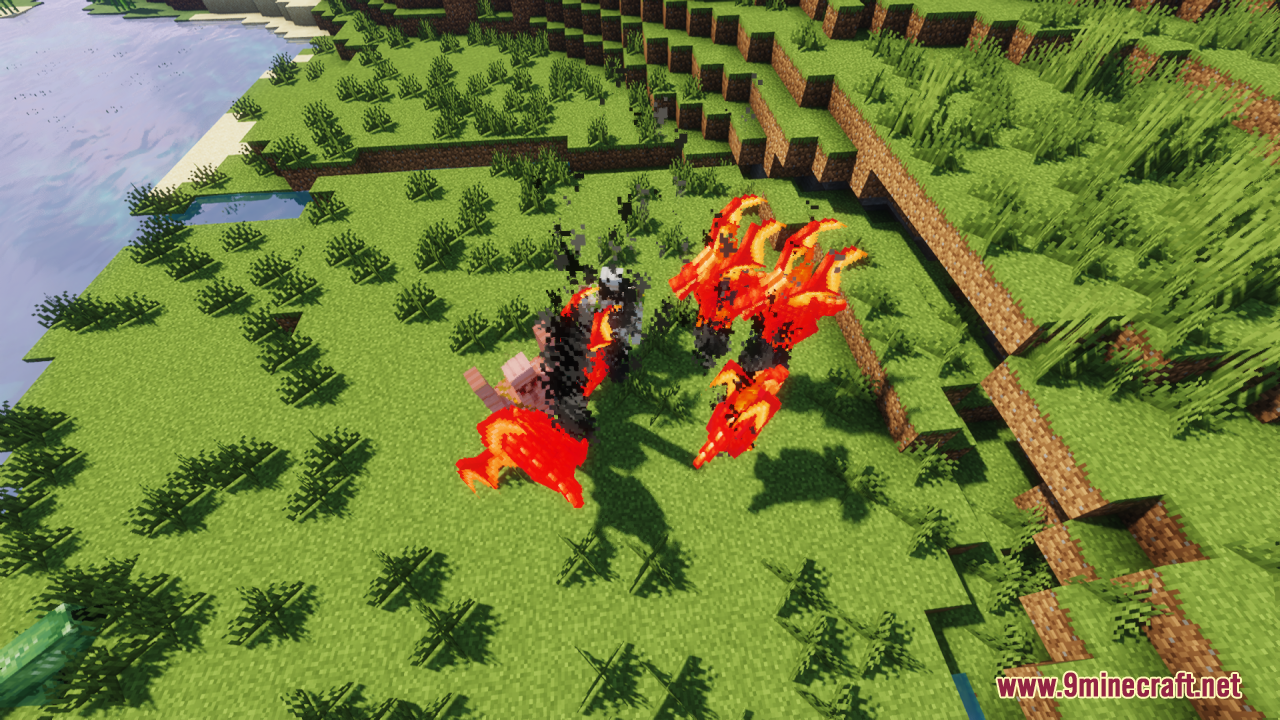 Neko’s Dragon Blazes Resource Pack (1.20.1) – Mythical Dragons For A Fantasy 14 Red fire breathing dragons flying over a green grassy field in minecraft