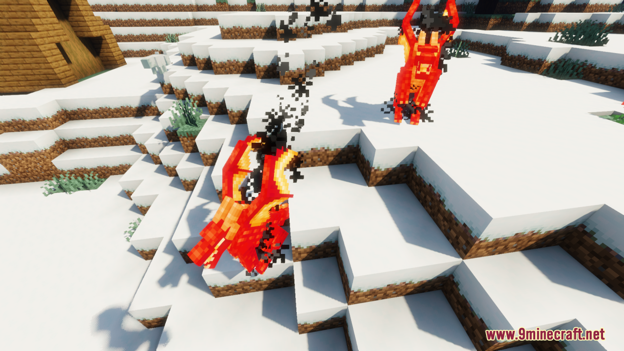 Neko’s Dragon Blazes Resource Pack (1.20.1) – Mythical Dragons For A Fantasy 3 Two small red dragons emitting black smoke particles in a snowy biome
