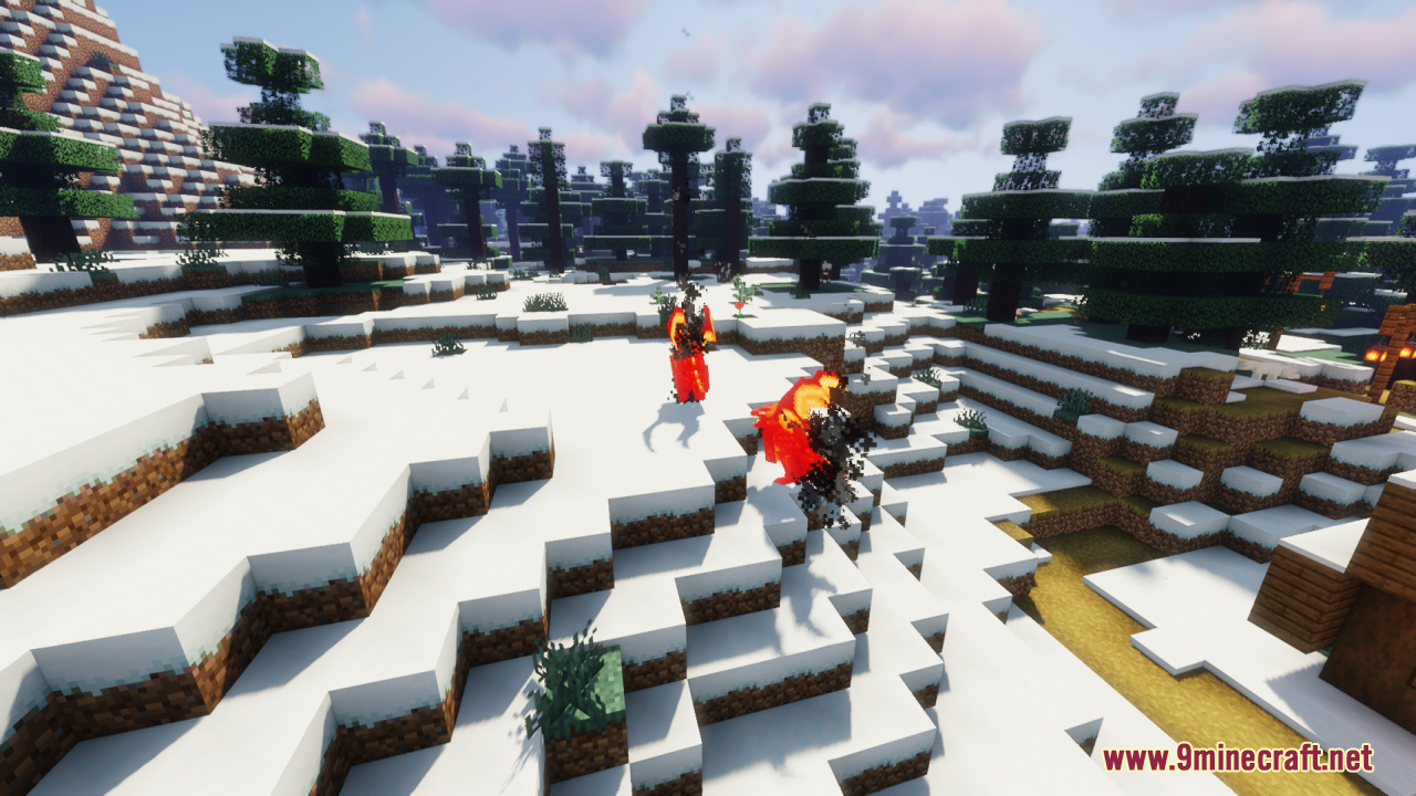Neko’s Dragon Blazes Resource Pack (1.20.1) – Mythical Dragons For A Fantasy 4 Two red dragon blazes flying over a snowy landscape with pine trees