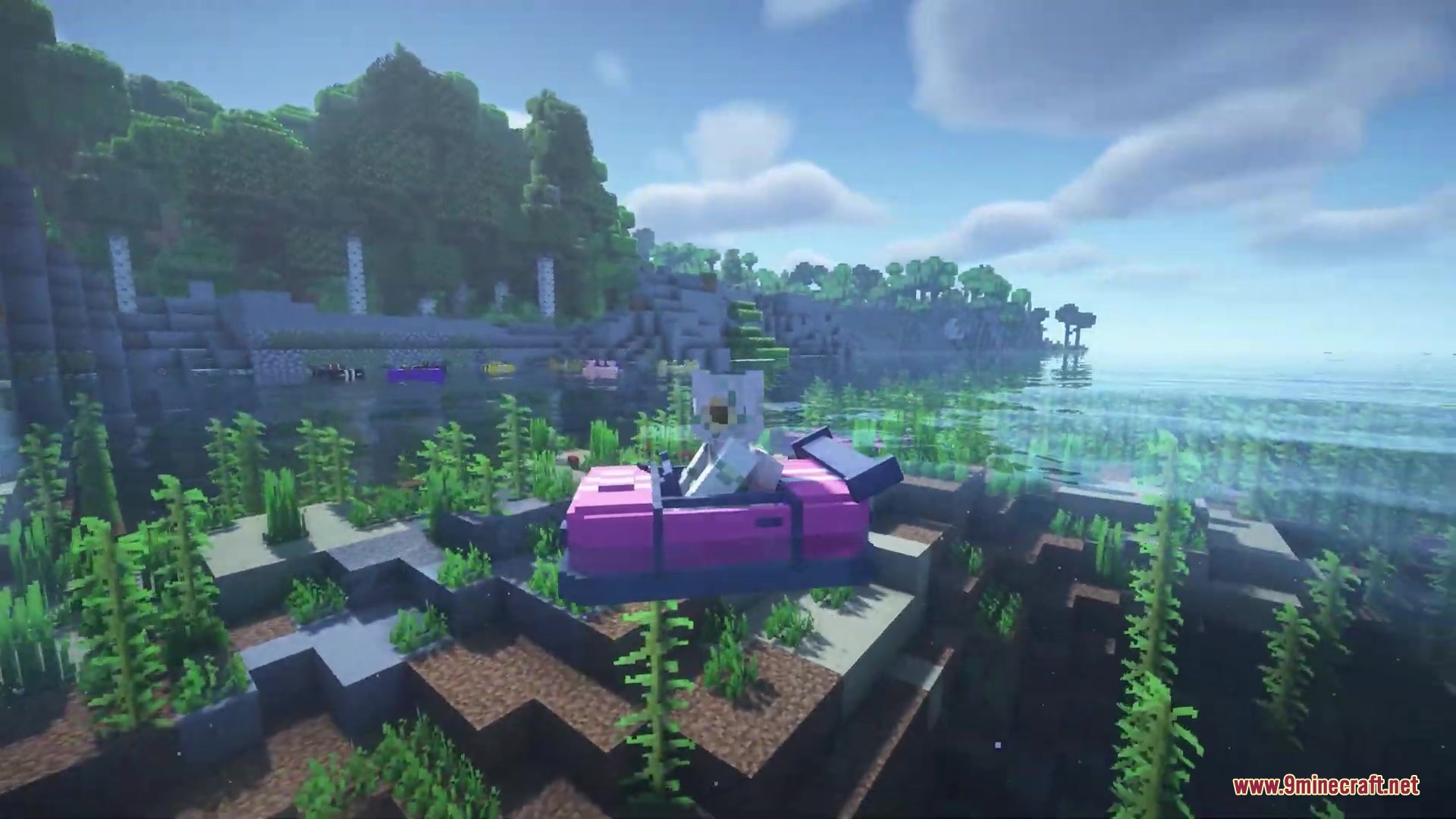 A player navigates a pink otter boat through clear blue ocean water