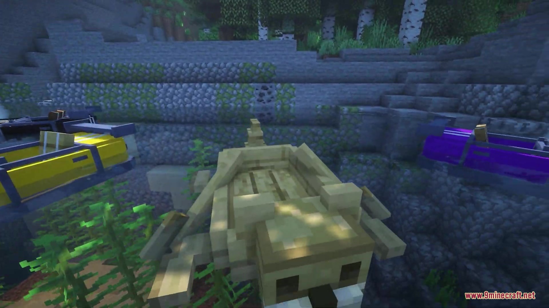 Various colored otter boats floating near a rocky shore in minecraft