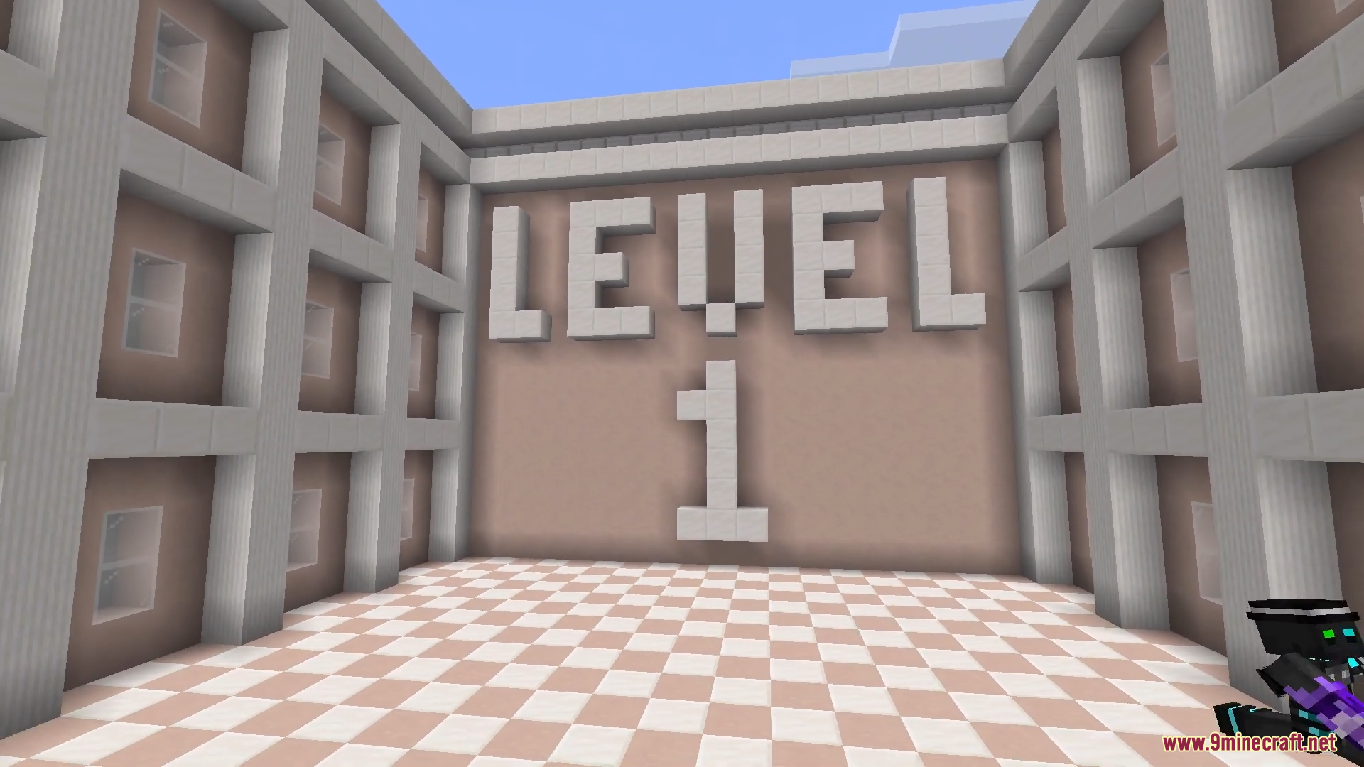 Only One Level Map (26.2, 1.20.1) – Mind-Bending Room 2 A large white level 1 sign displayed on a tan wall in minecraft