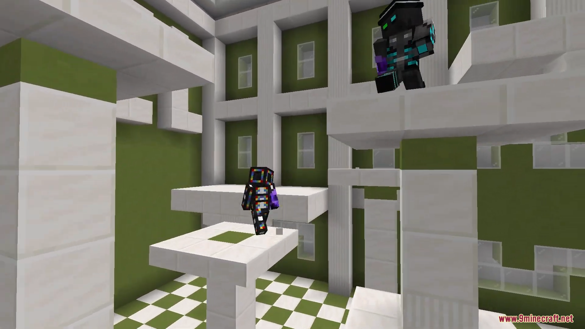 Only One Level Map (26.2, 1.20.1) – Mind-Bending Room 3 Two players jumping across white platforms in a green room with checkered floors