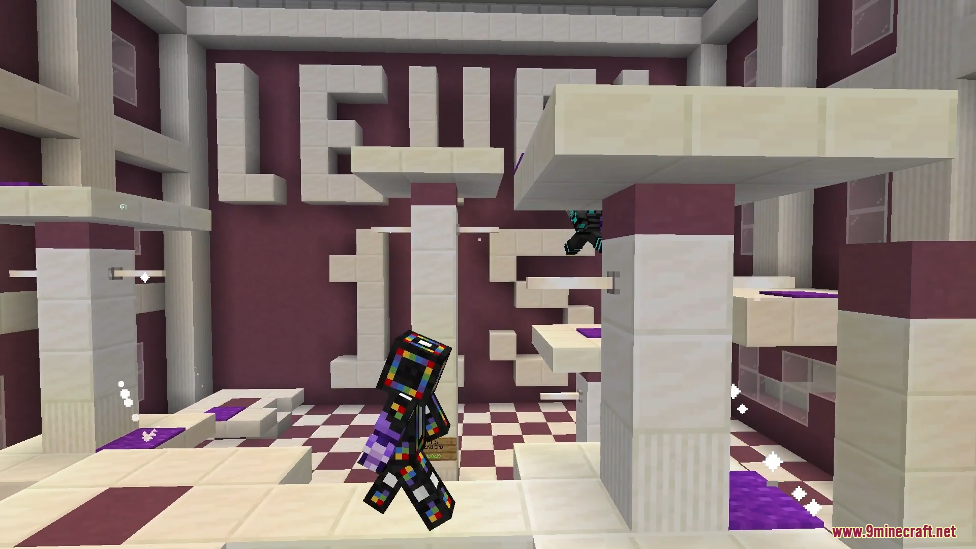 Only One Level Map (26.2, 1.20.1) – Mind-Bending Room 4 A player with a colorful skin jumps through a purple parkour course