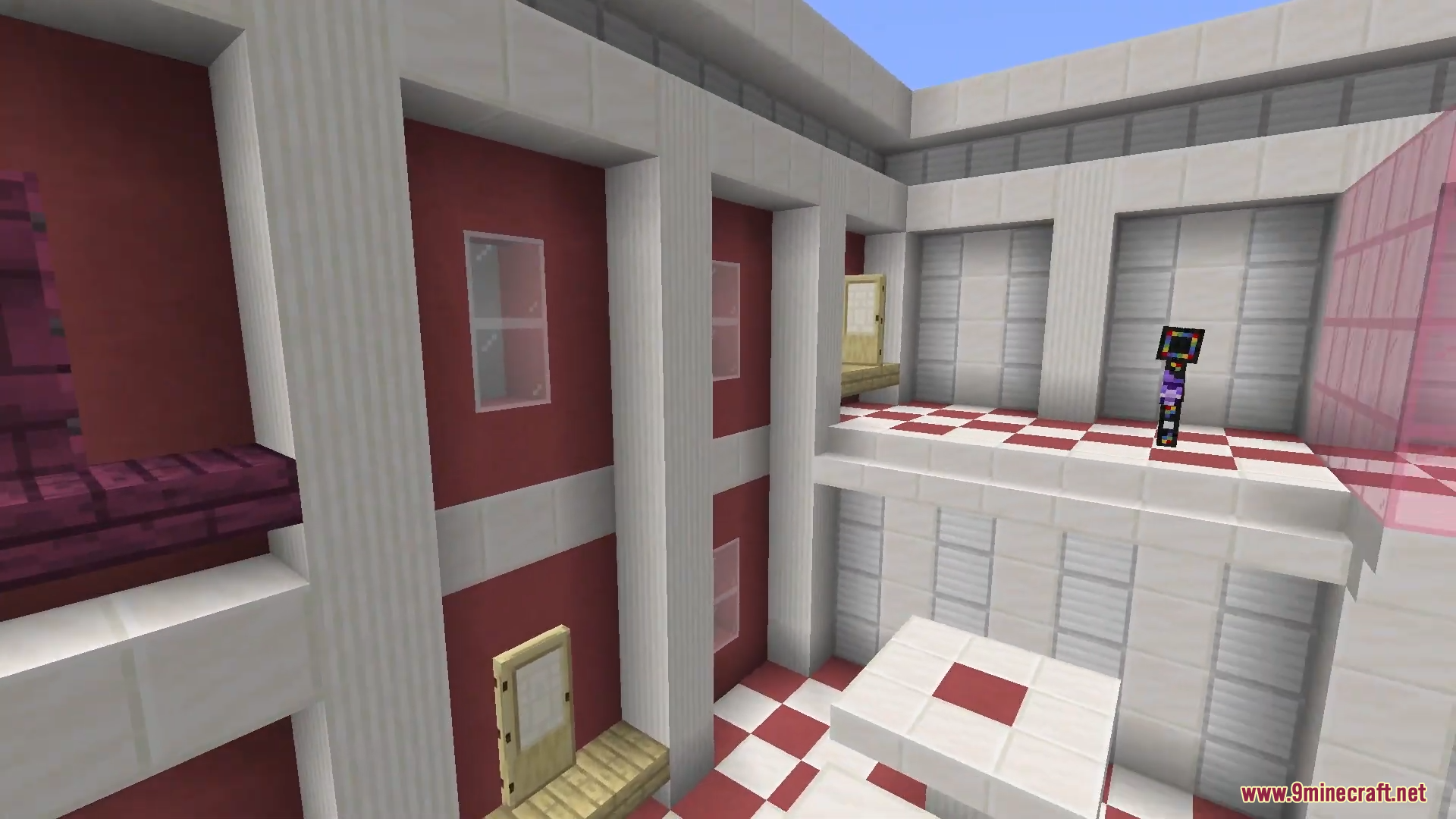 Only One Level Map (26.2, 1.20.1) – Mind-Bending Room 7 Character standing on a balcony overlooking a red and white puzzle chamber