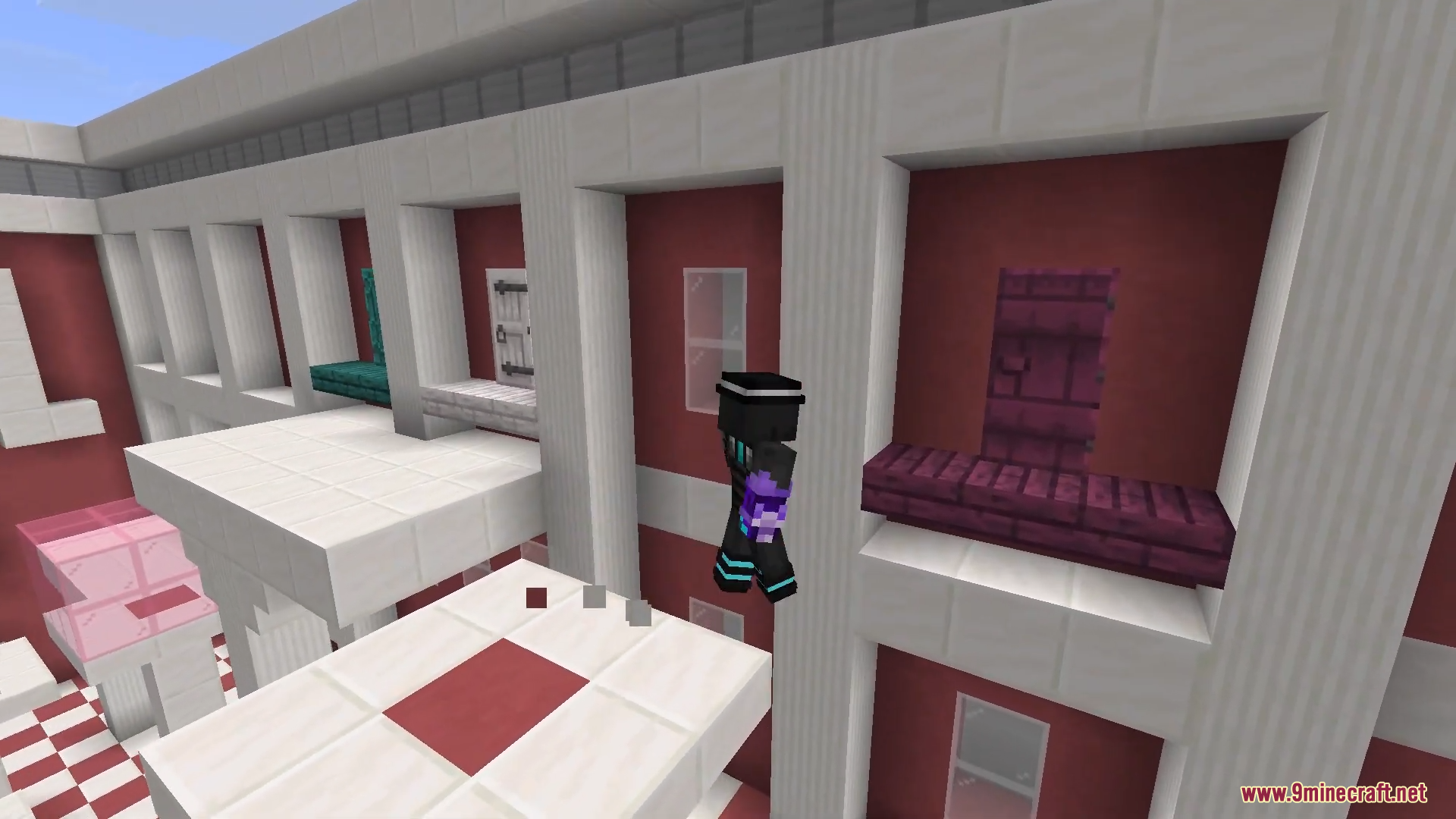 Only One Level Map (26.2, 1.20.1) – Mind-Bending Room 9 A player character jumps between white platforms in front of a red building
