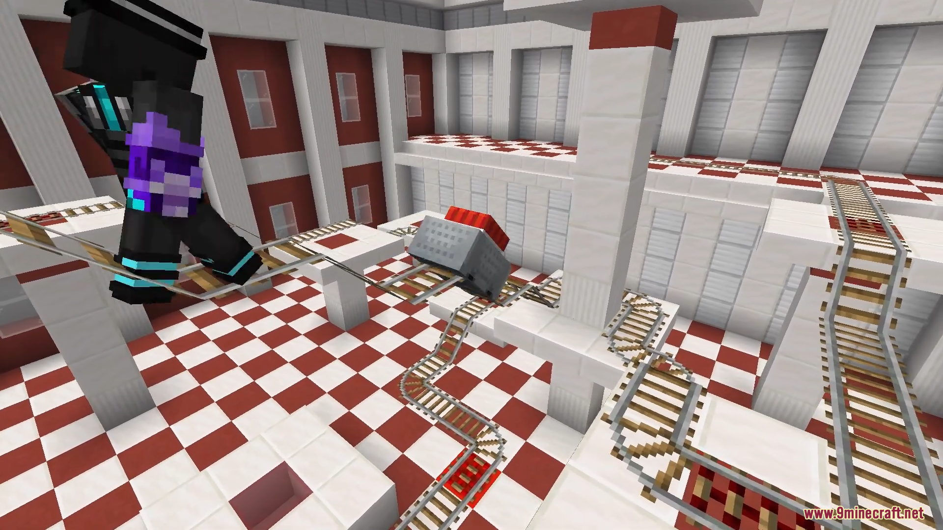Only One Level Map (26.2, 1.20.1) – Mind-Bending Room 10 A player character navigates a complex minecart track over a checkered floor