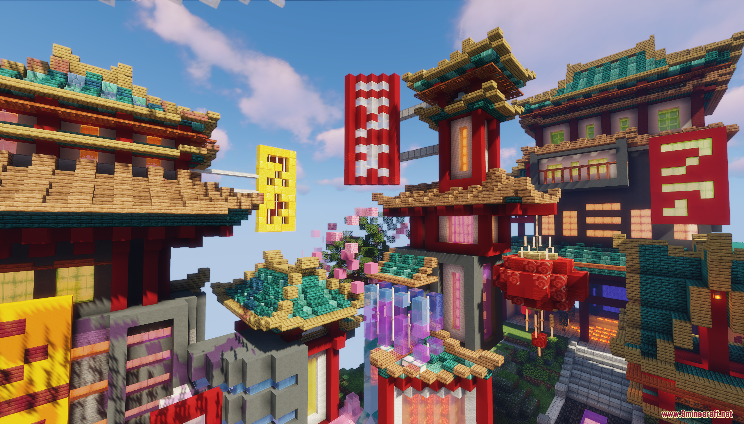 Detailed view of traditional oriental architecture with red banners and glowing lanterns