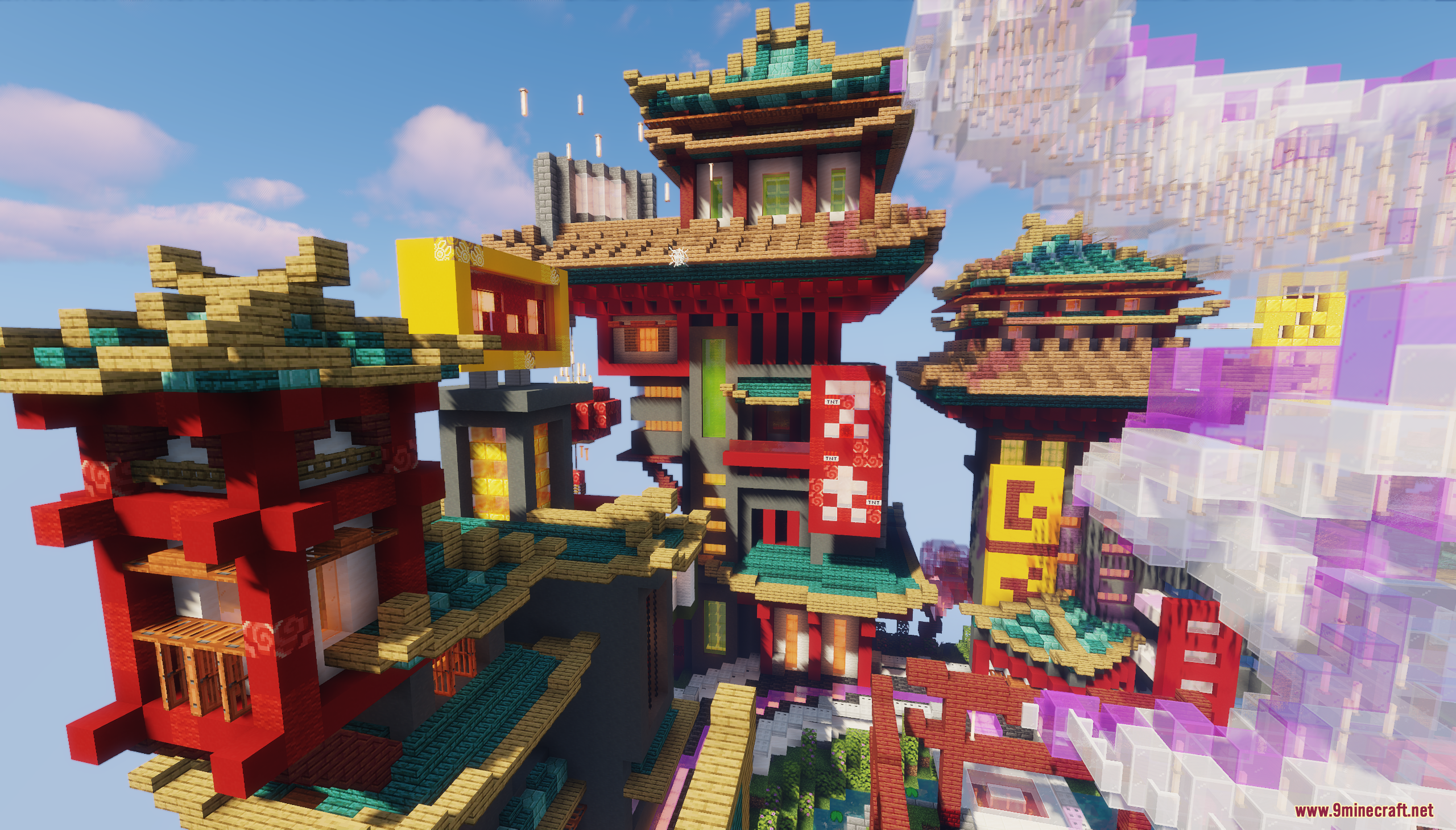 Detailed view of colorful oriental buildings with red walls and teal roofs