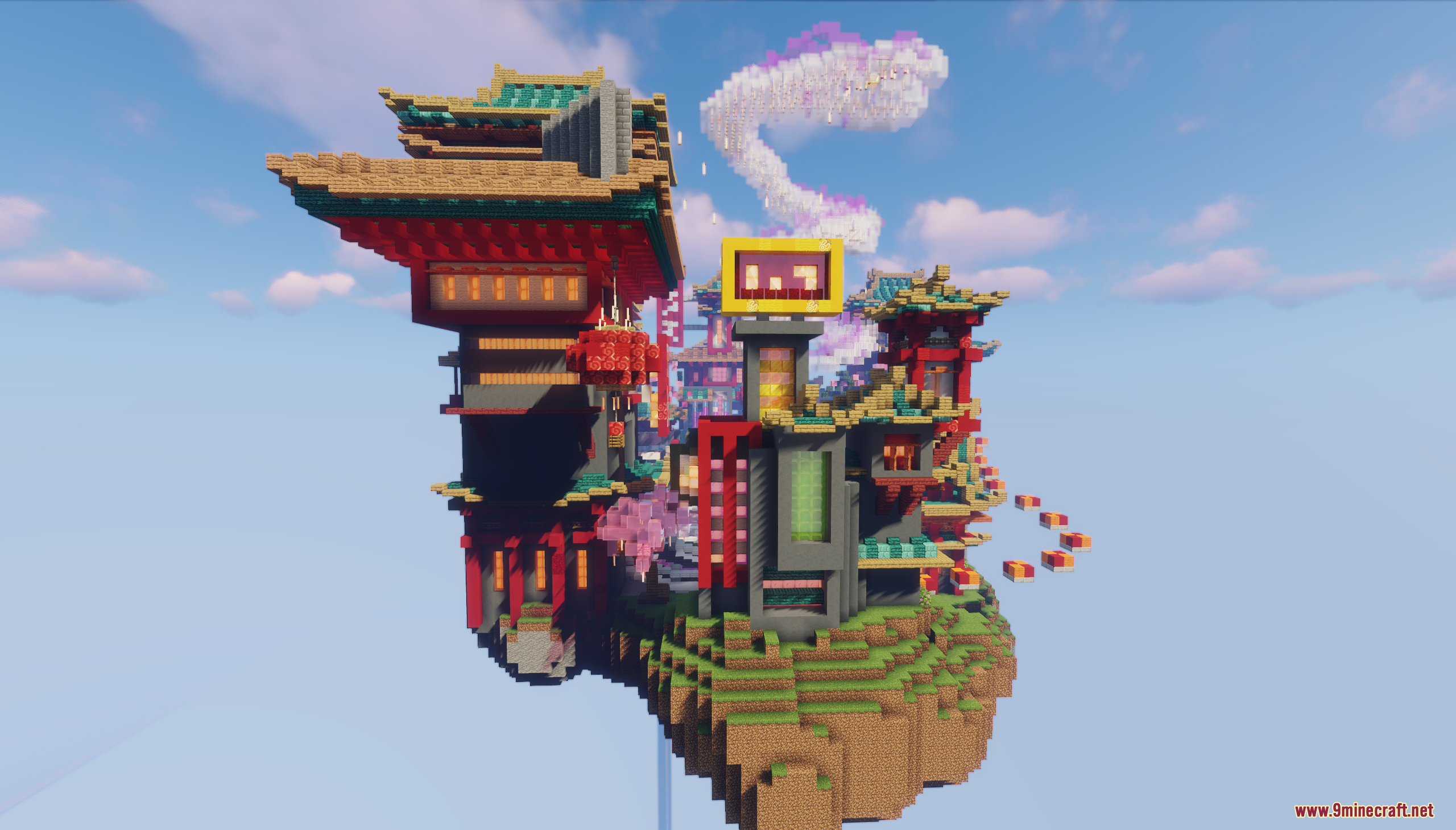 A floating island featuring large orient punk structures and a purple dragon