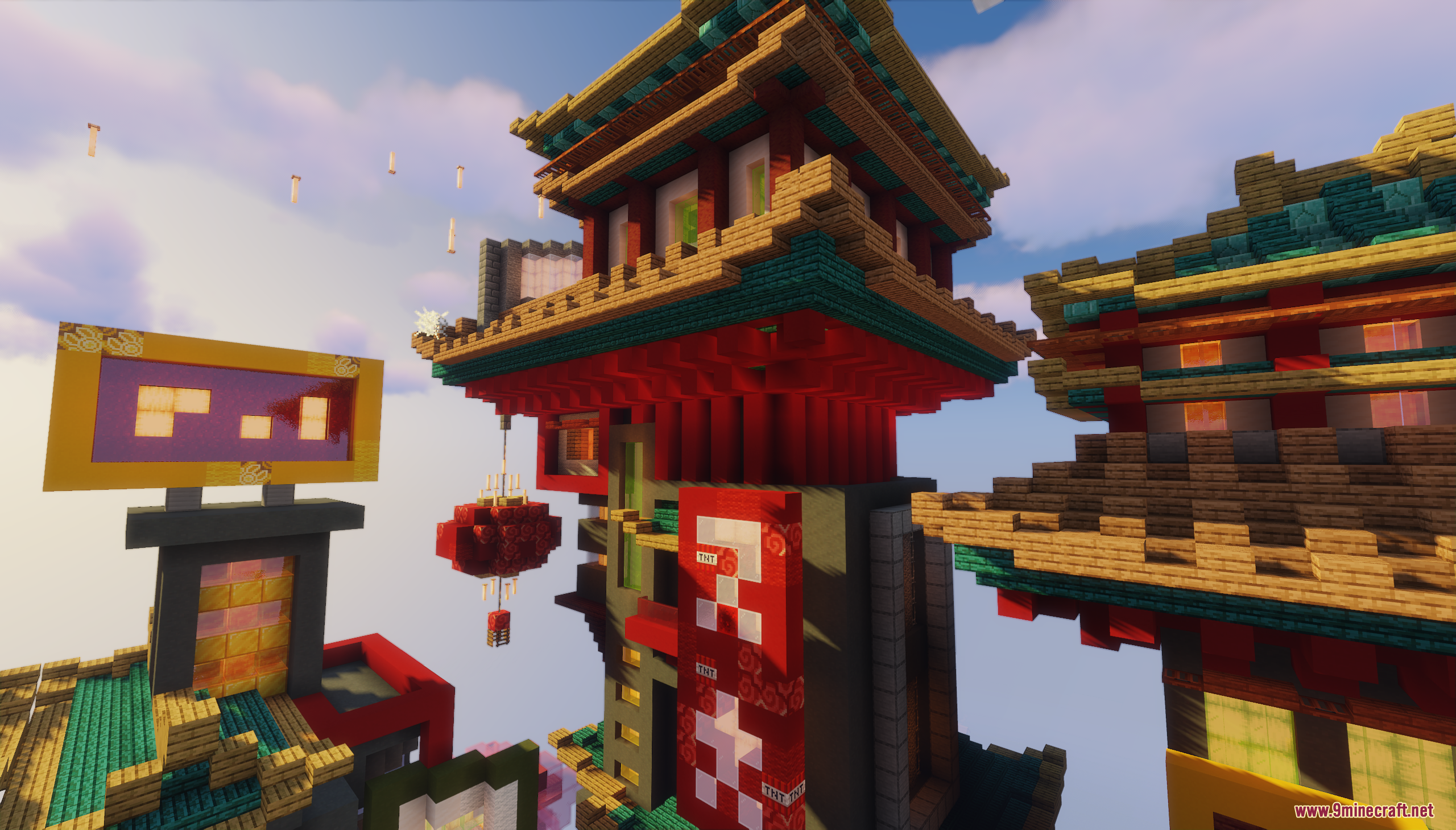 Detailed view of multi layered asian structures with bright signs and lanterns