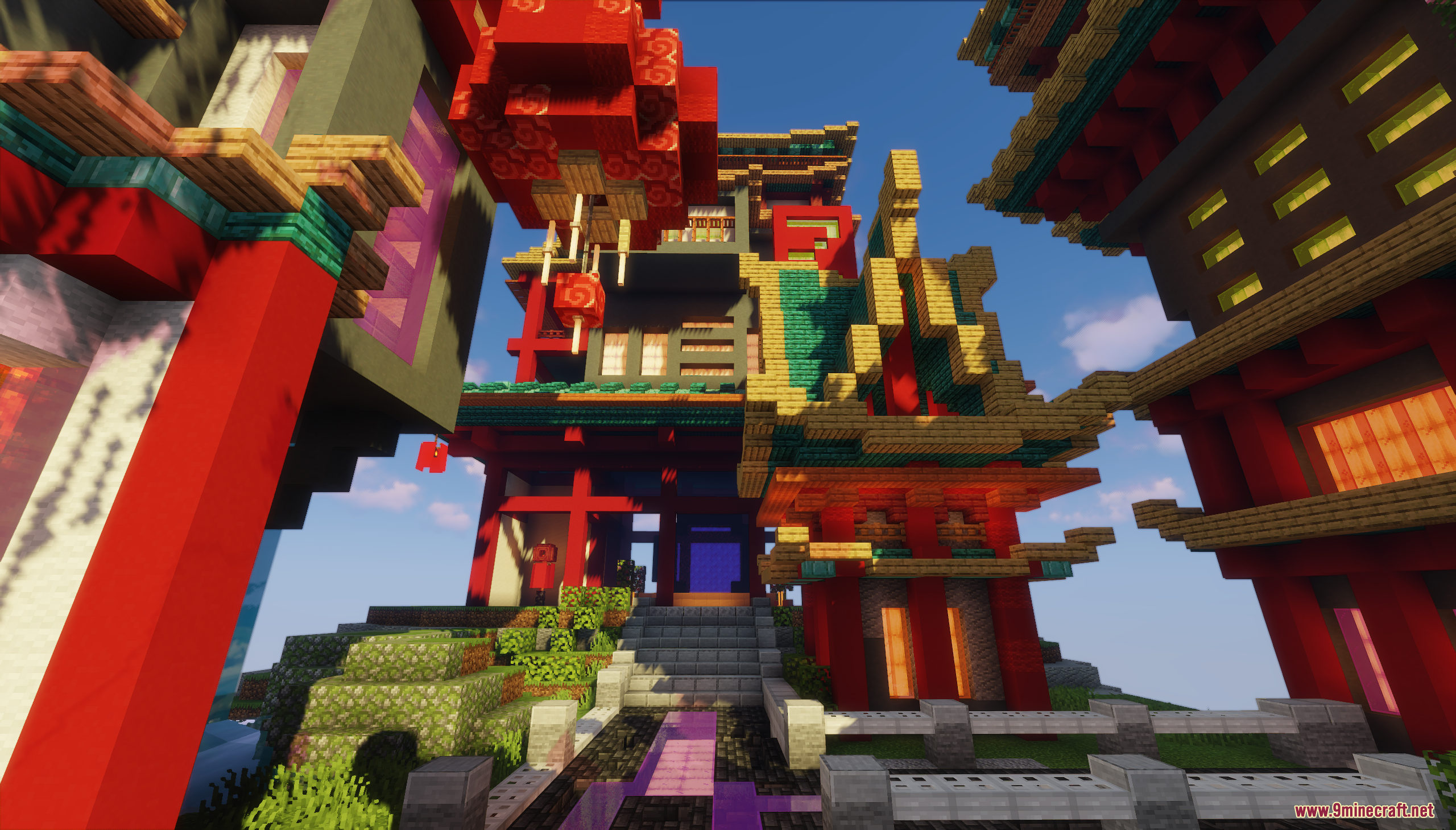 Vibrant oriental architecture with red pillars and green roofs in a minecraft world