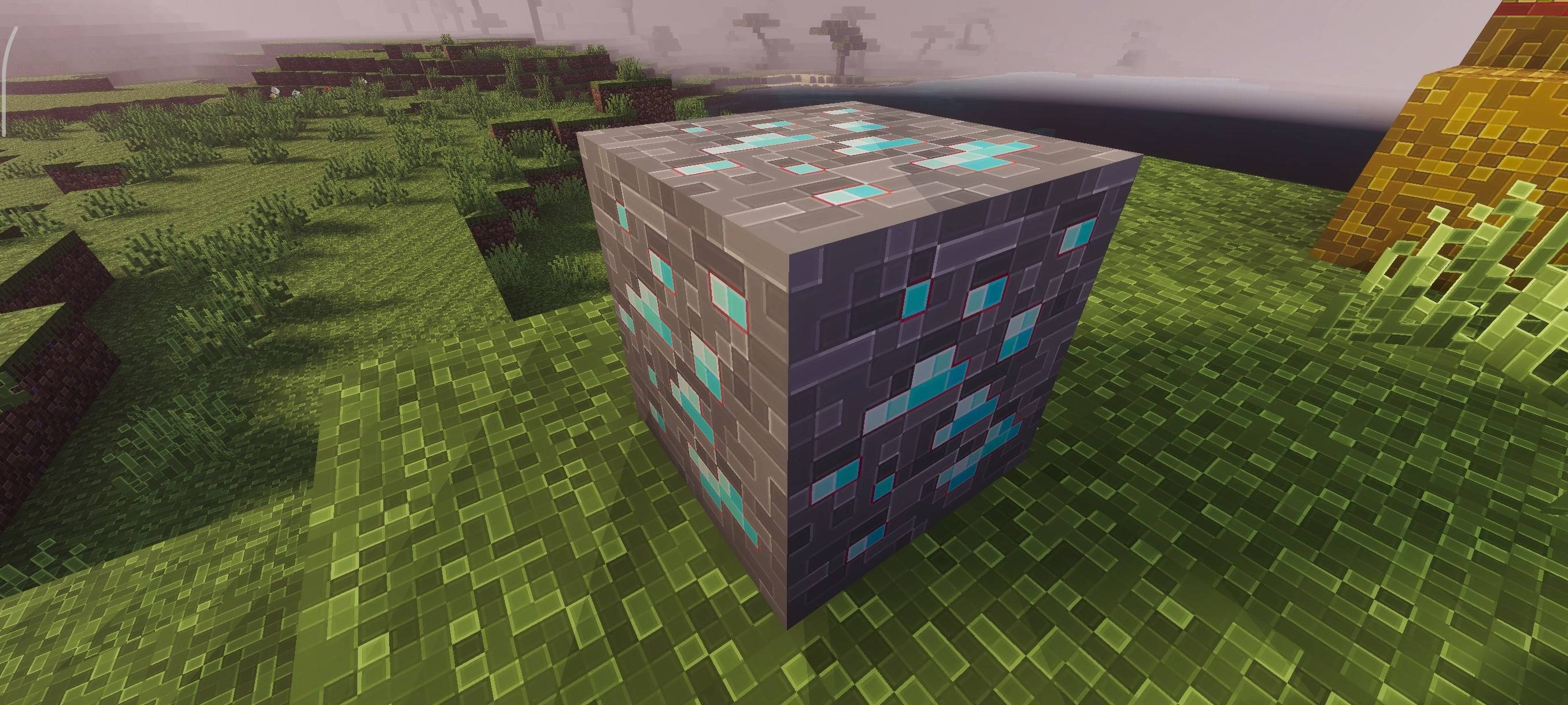 Outline Shader (26.X) – Sharp Stylized Graphics 8 Detailed diamond ore block with crisp outlines sitting in a grassy field