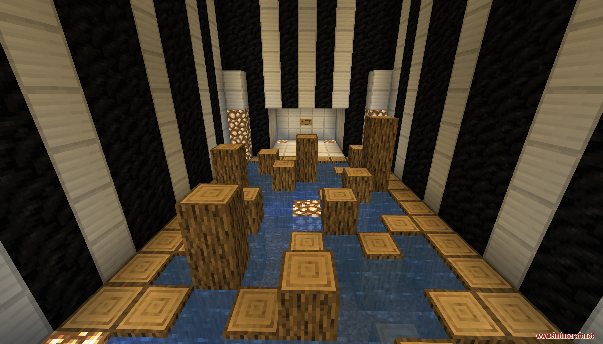 Phazez Remastered Map (26.2, 1.20.1) – Survive Lethal Experiments In Strange Testing Rooms 11 Challenging parkour level with wooden logs over water in a striped room