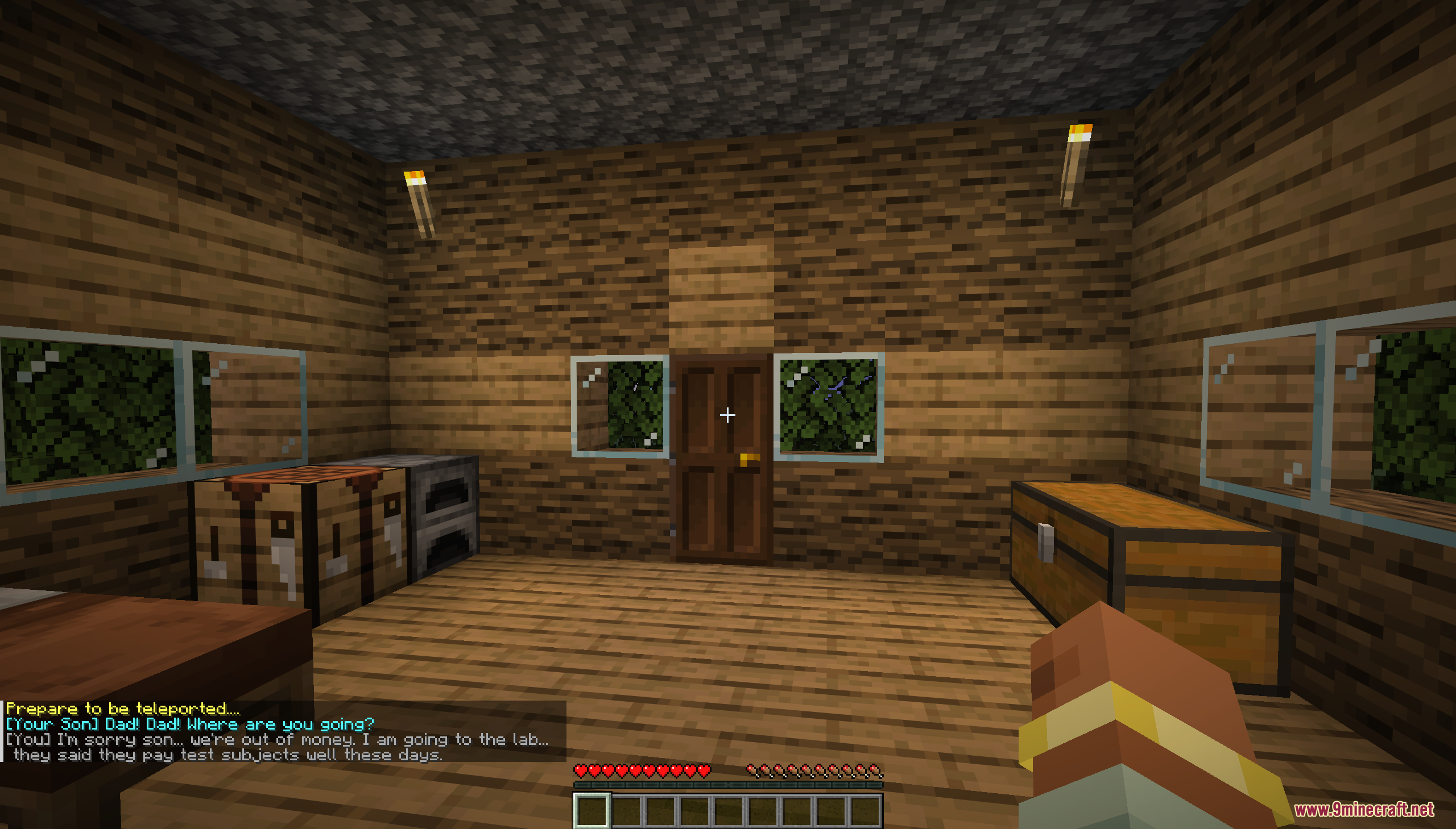 Phazez Remastered Map (26.2, 1.20.1) – Survive Lethal Experiments In Strange Testing Rooms 3 Player standing in a wooden room reading story dialogue in the chat