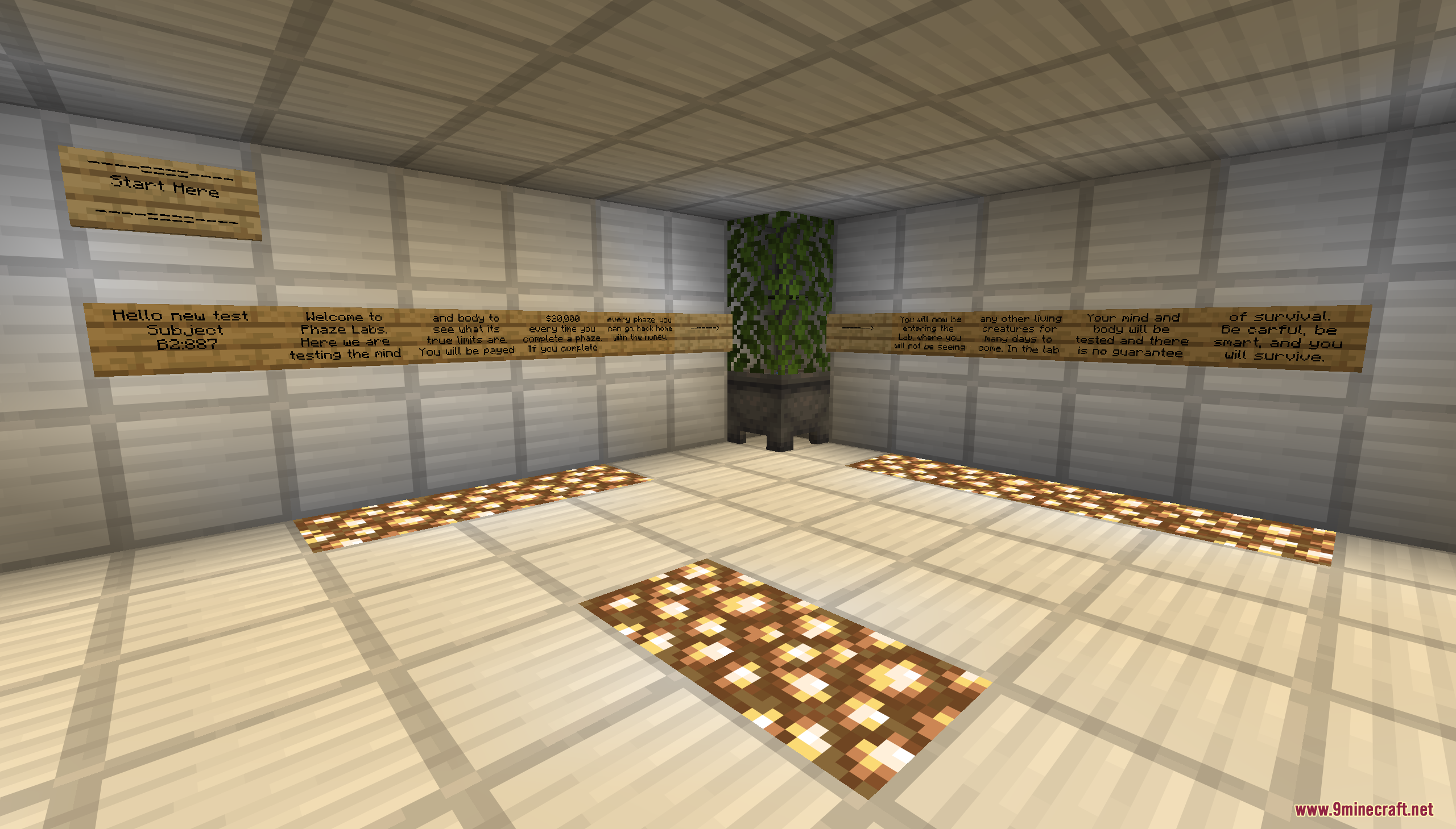 Phazez Remastered Map (26.2, 1.20.1) – Survive Lethal Experiments In Strange Testing Rooms 5 Wooden signs on the wall provide instructions for the upcoming experiment