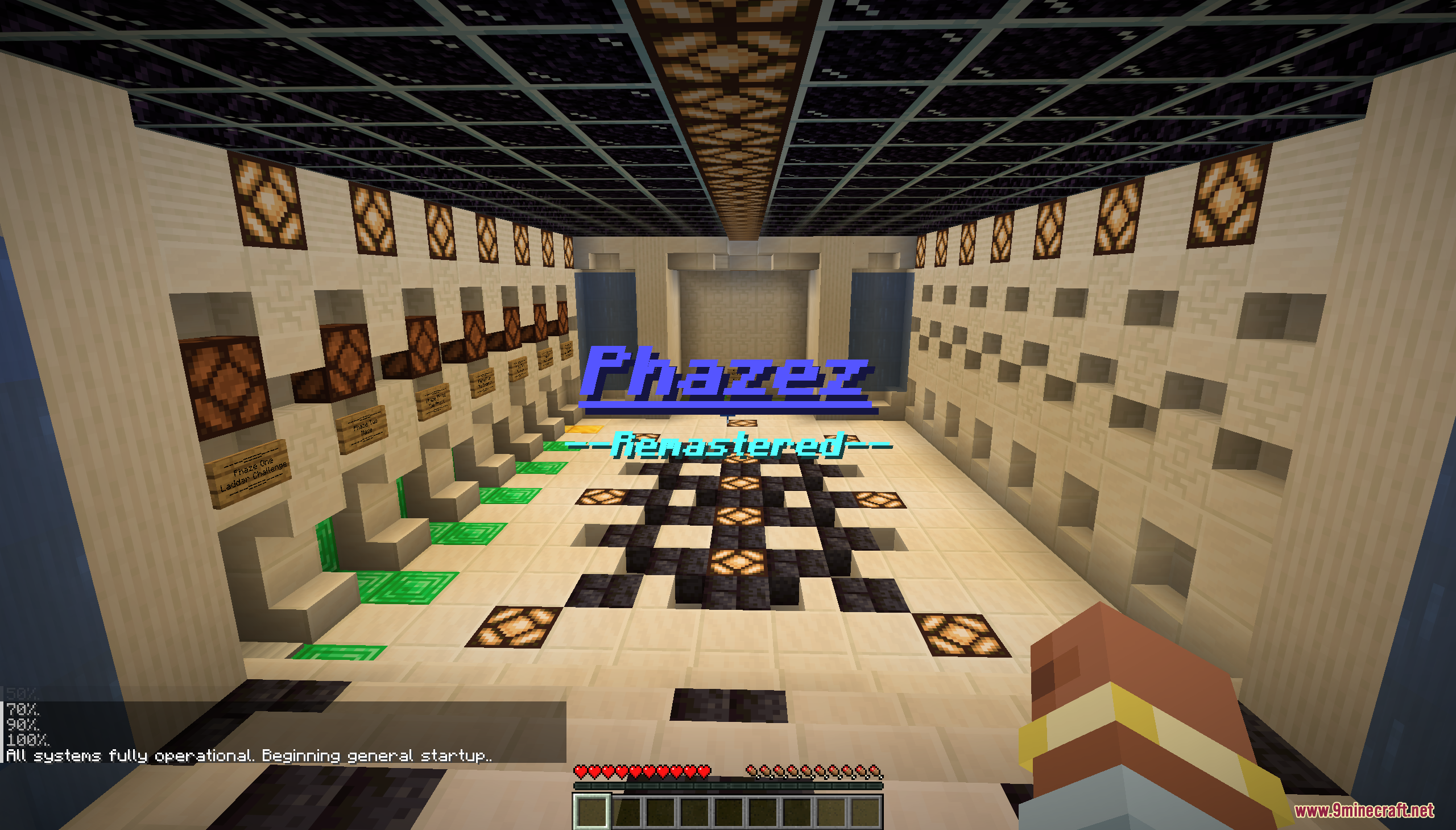 Phazez Remastered Map (26.2, 1.20.1) – Survive Lethal Experiments In Strange Testing Rooms 6 A large futuristic room in minecraft featuring the phazez remastered title