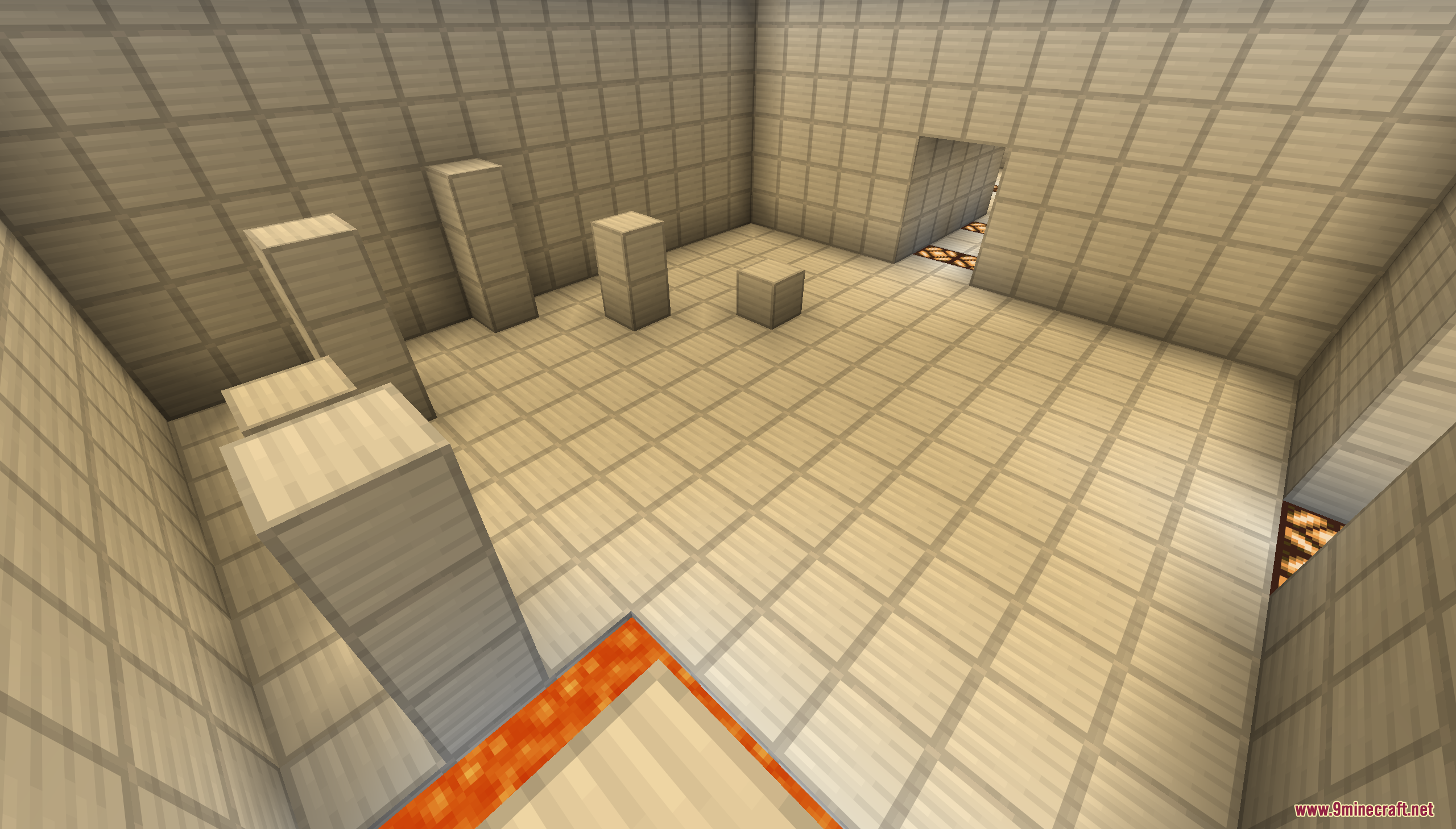 Phazez Remastered Map (26.2, 1.20.1) – Survive Lethal Experiments In Strange Testing Rooms 8 A white tiled room with pillars and lava in phazez remastered map