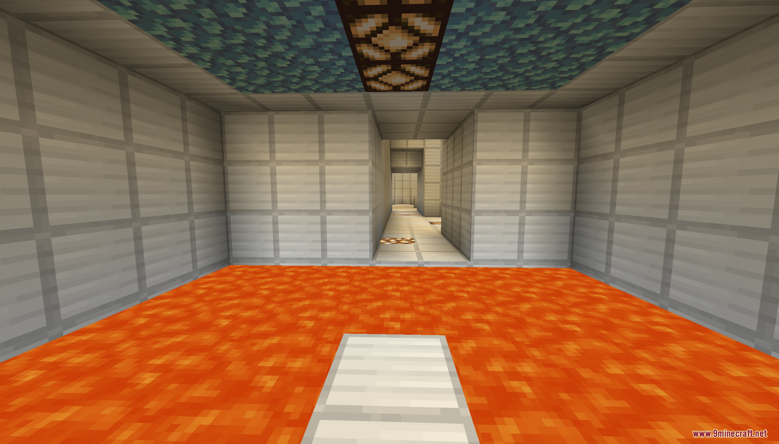 Phazez Remastered Map (26.2, 1.20.1) – Survive Lethal Experiments In Strange Testing Rooms 9 A narrow white path leading across a large pool of orange lava