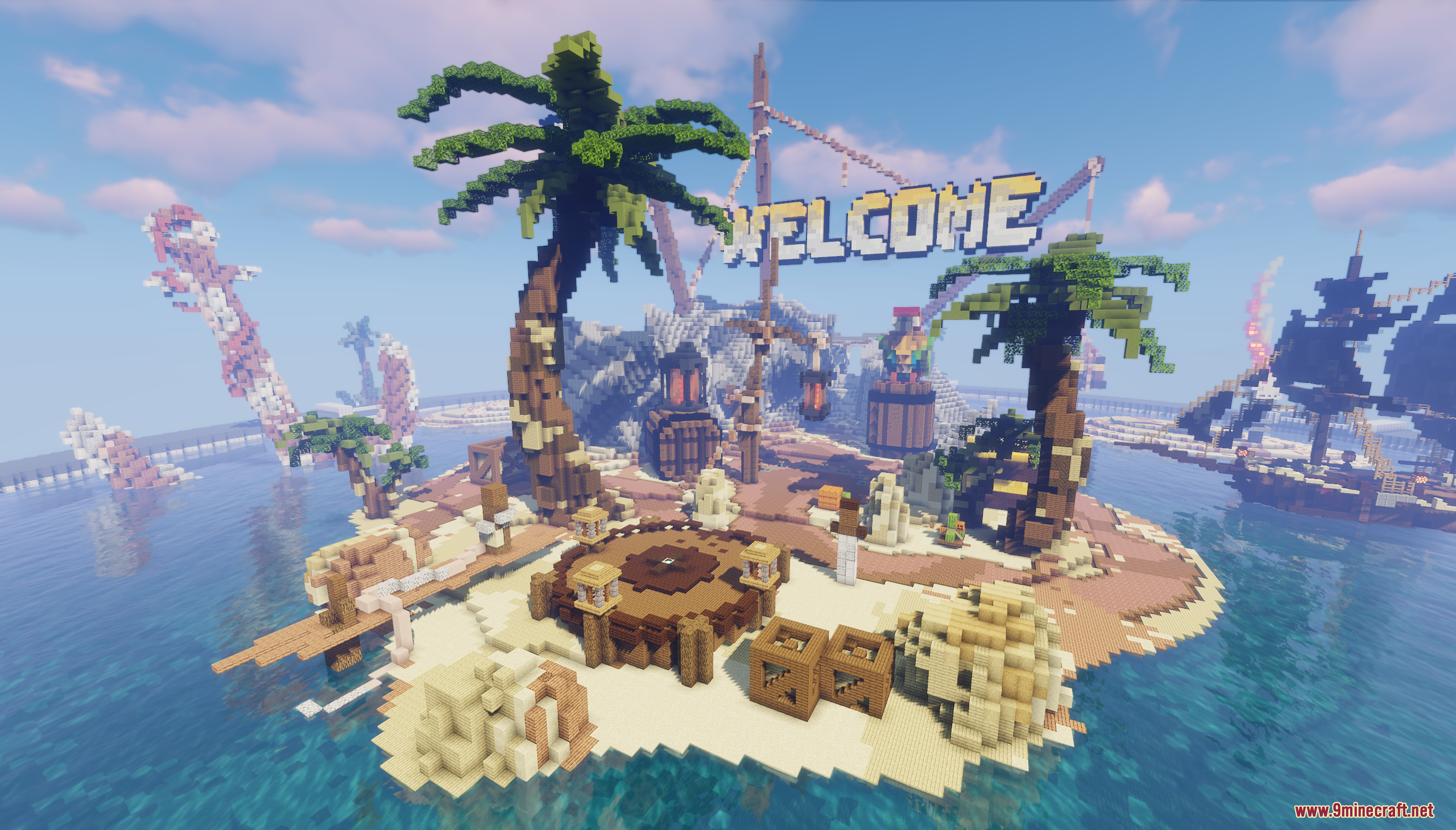 Overview of the pirate island map featuring palm trees and welcome sign