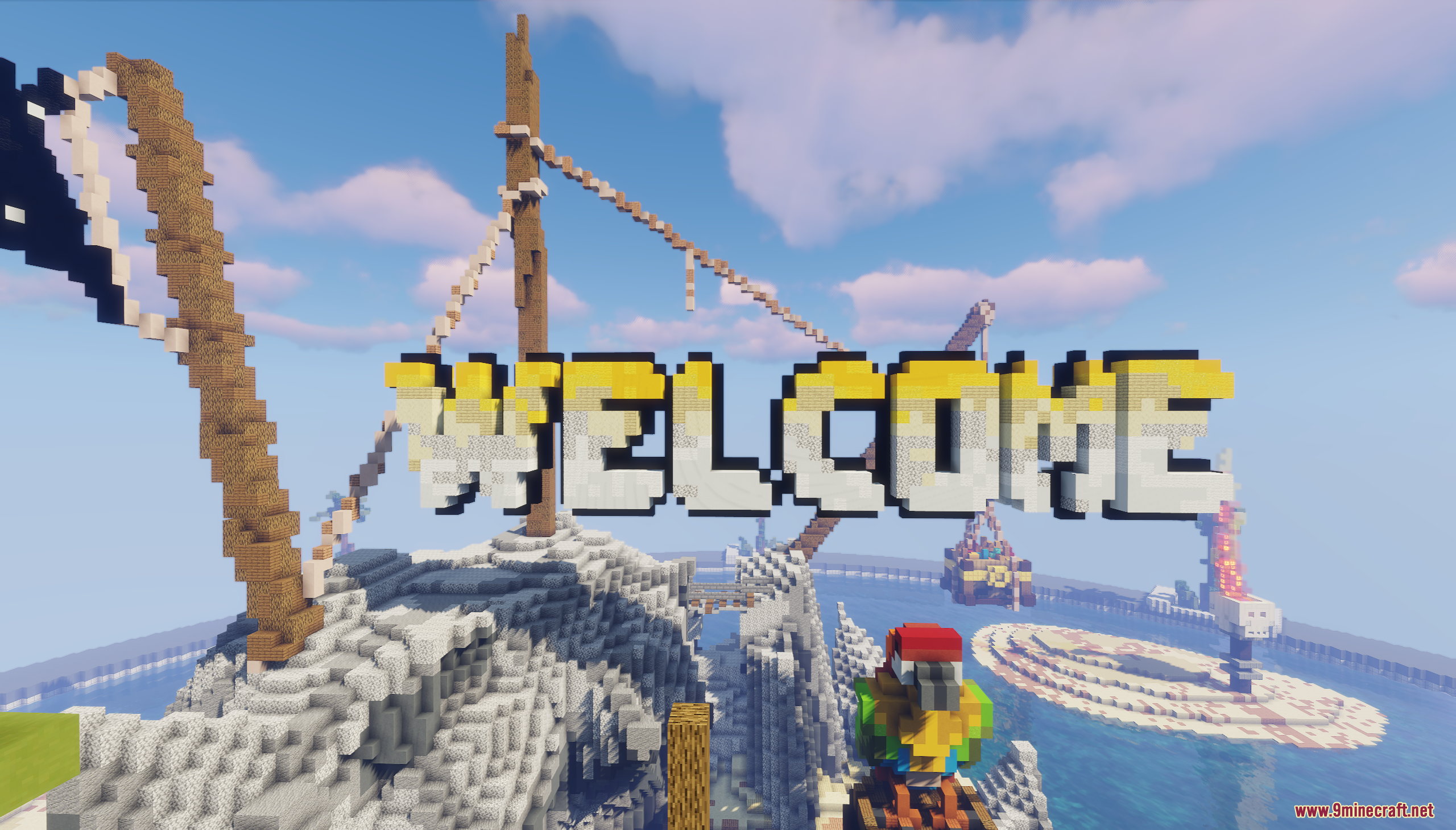 A giant welcome sign stands on a cliff with a colorful parrot