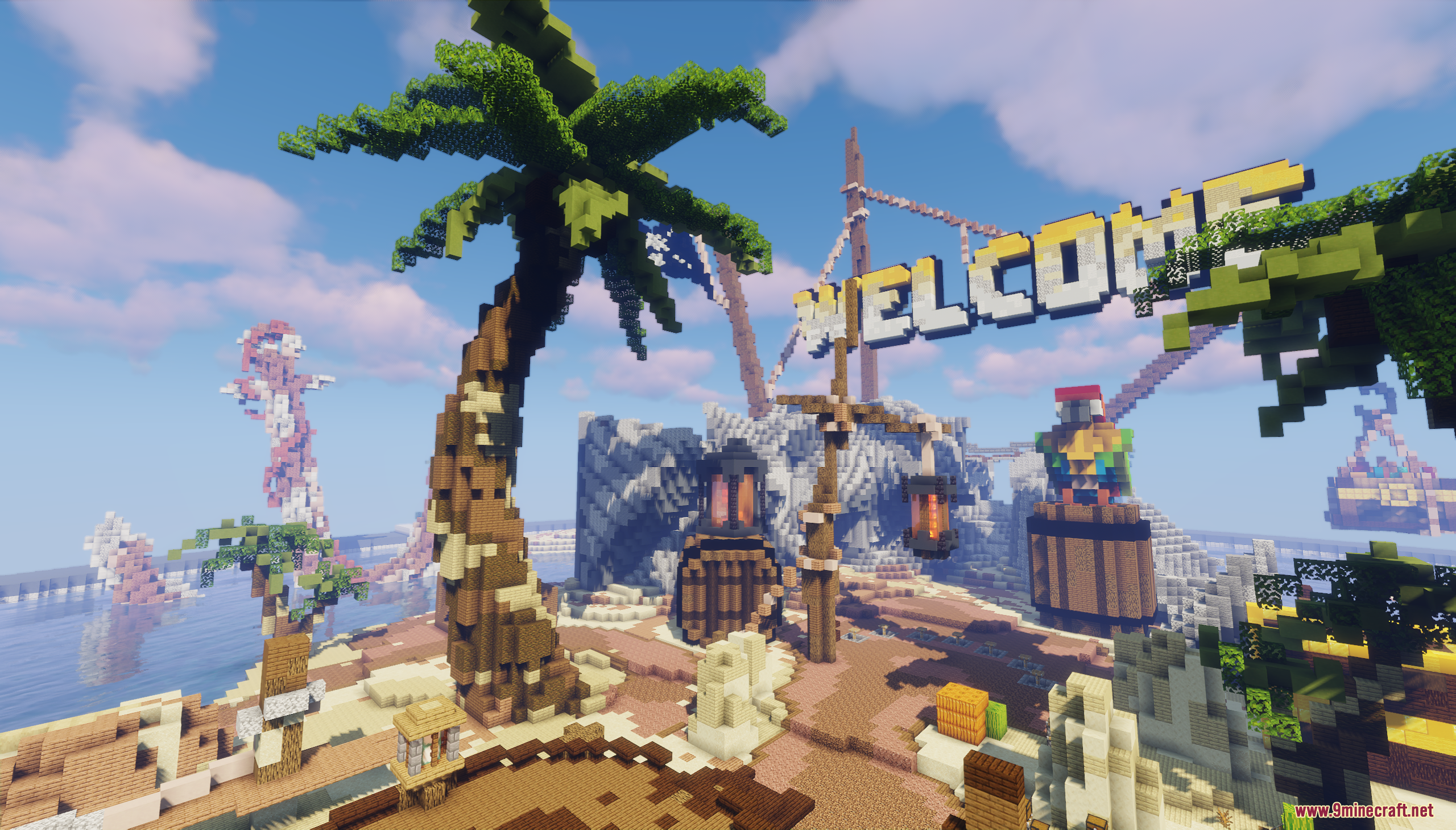 A tropical island featuring a large palm tree and a welcome sign