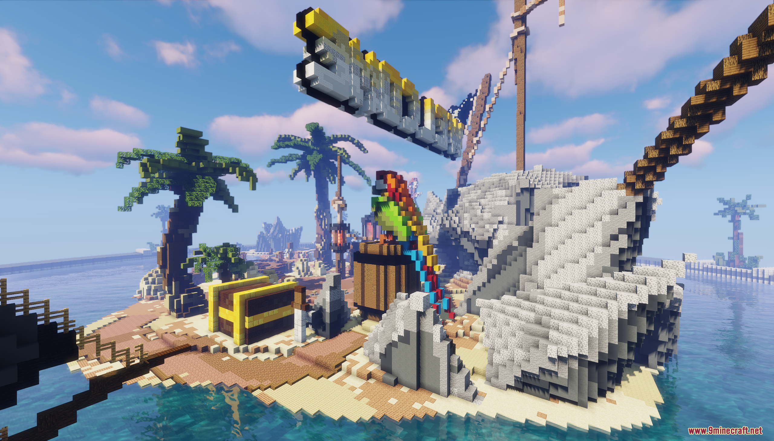A giant colorful parrot statue stands on a tropical island with treasure chests