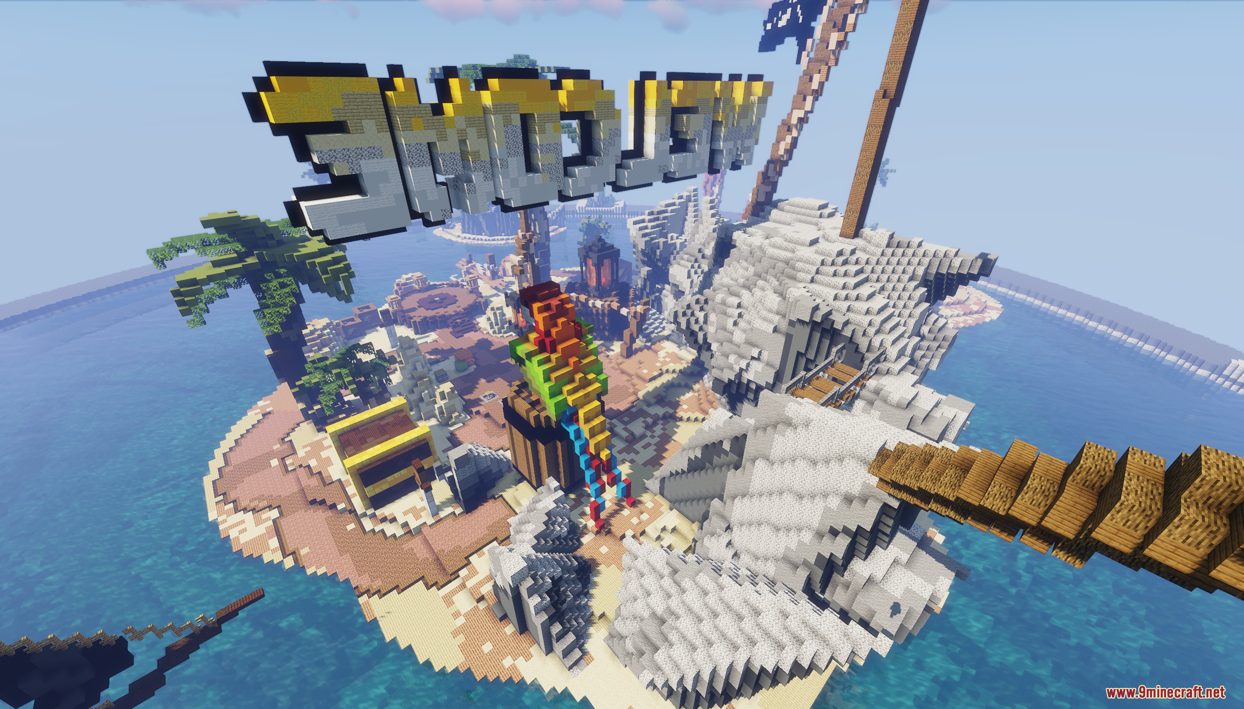 Aerial view of pirate island map with a giant skull and welcome sign