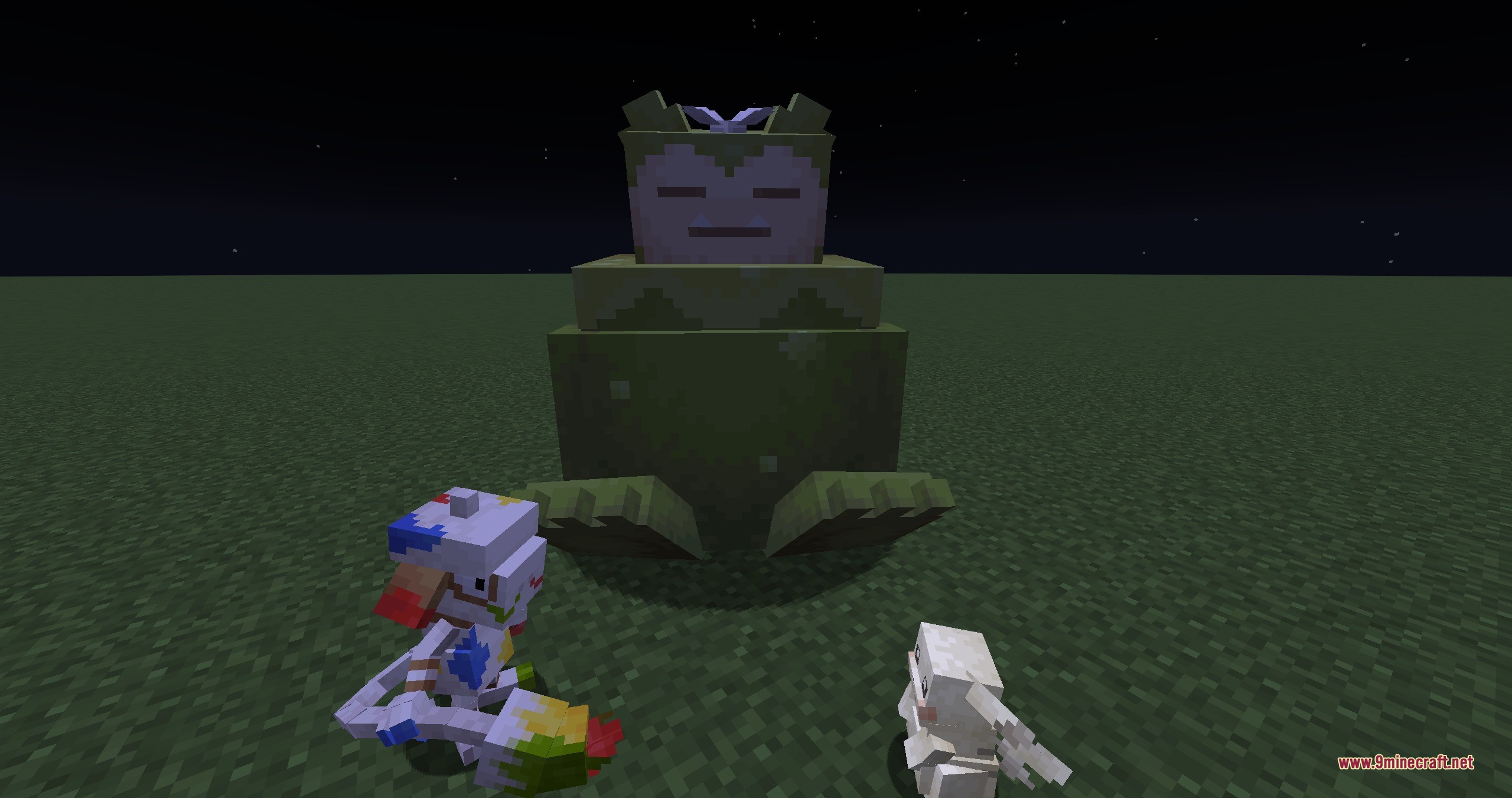Pokopia Cosmetic Forms Data Pack (1.21.1) – Give Items To Pokemon 2 Mosslax smearguru and peakychu standing together in a flat minecraft world