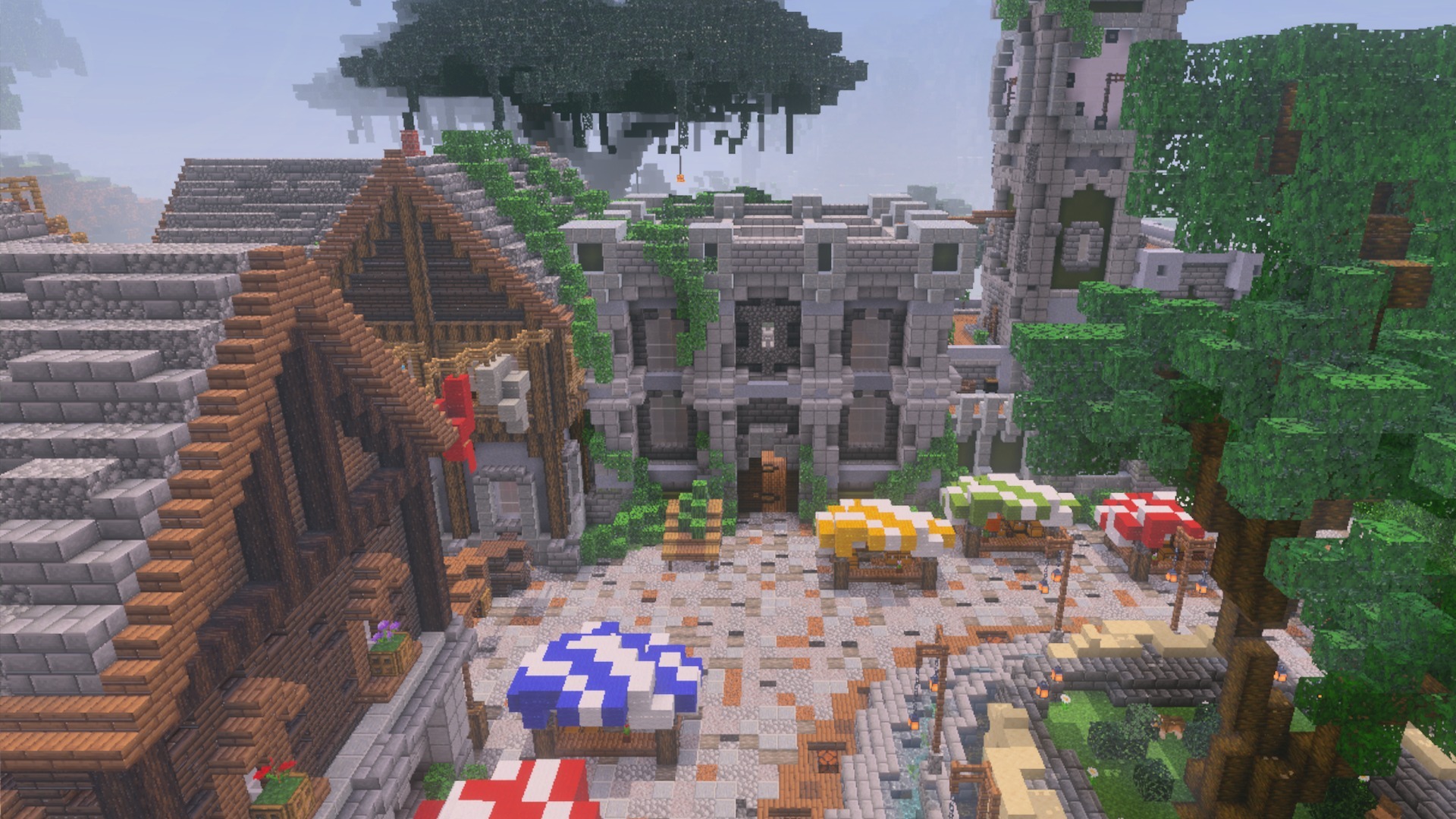 Prizmartx Pbr Rtx Lumenrtx Texture Pack (1.21, 1.20) – Stunning Visual Overhaul 7 Medieval market square with colorful stalls and stone buildings under a large tree