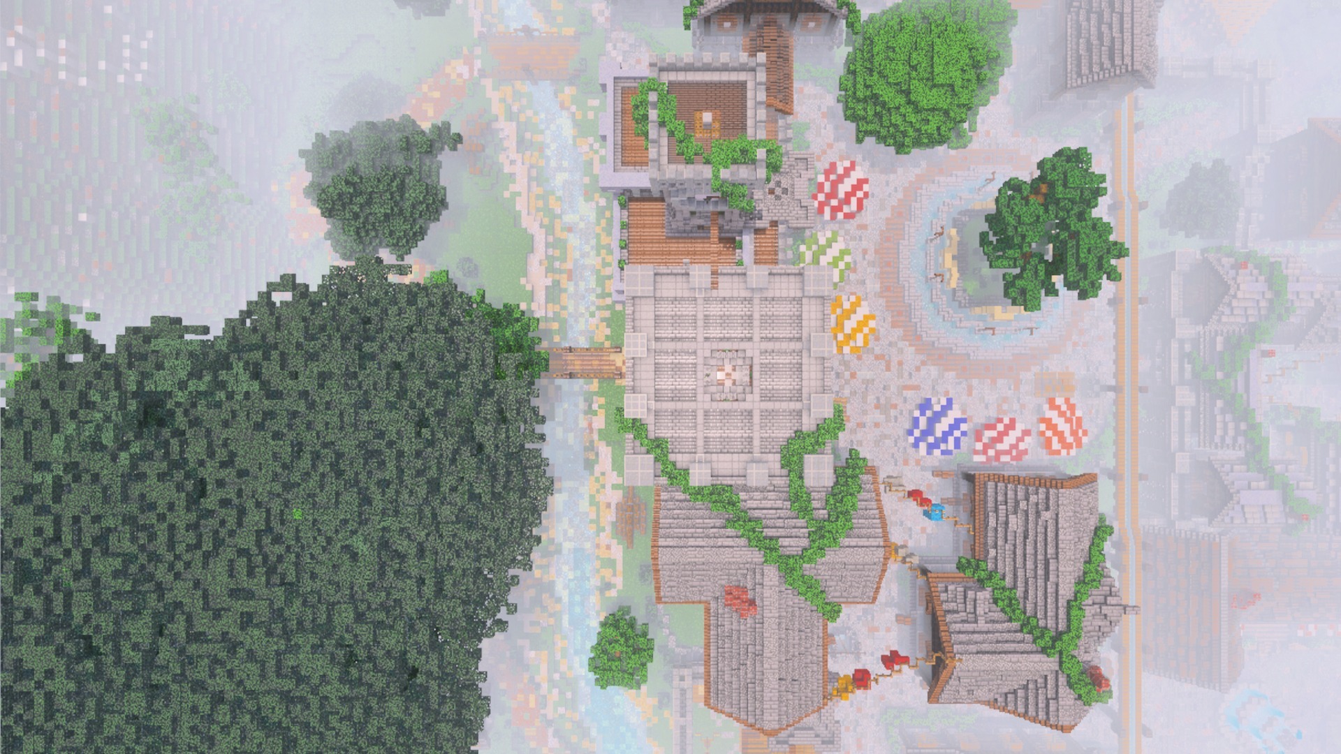 Prizmartx Pbr Rtx Lumenrtx Texture Pack (1.21, 1.20) – Stunning Visual Overhaul 10 Aerial view of a colorful landscape with stone buildings and vibrant market stalls
