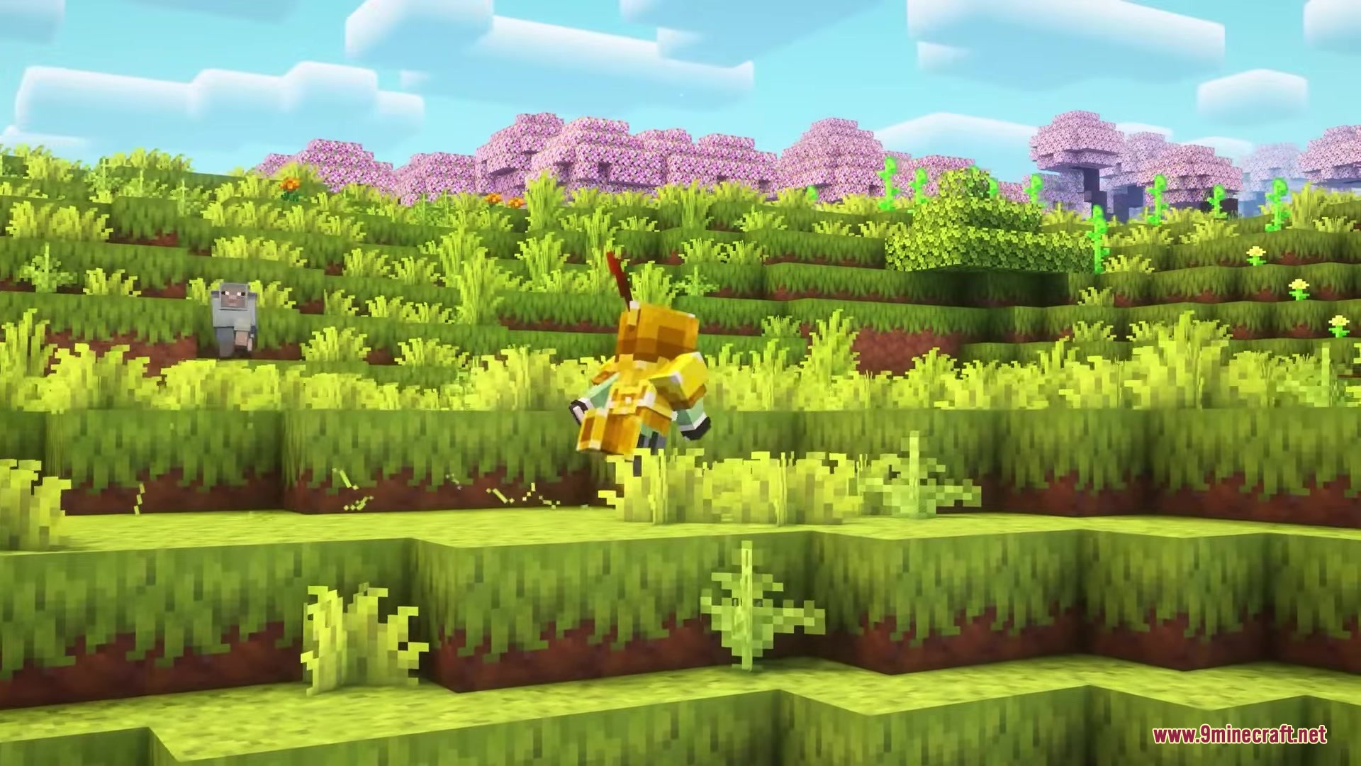 Punchy Fpa Mod (26.2, 1.20.1) – Feel The Weight Of Every Sword Swing 2 Character in golden armor runs through a vibrant grassy field