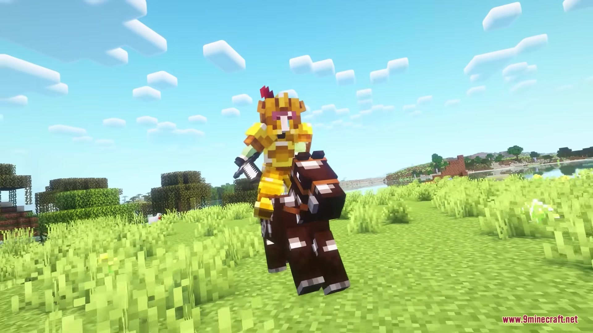 Punchy Fpa Mod (26.2, 1.20.1) – Feel The Weight Of Every Sword Swing 3 Golden armored character rides a brown horse across a sunny plain