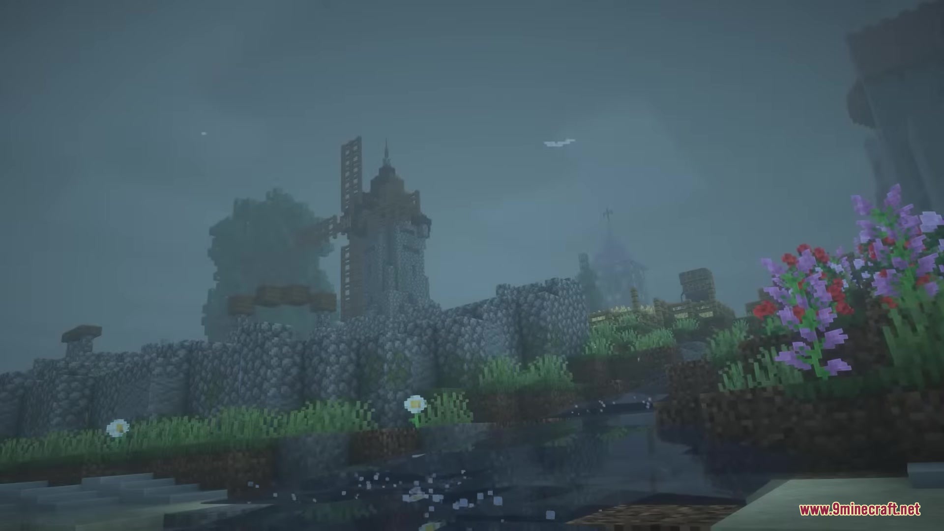 Punchy Fpa Mod (26.2, 1.20.1) – Feel The Weight Of Every Sword Swing 6 Foggy minecraft landscape with stone walls and a distant windmill tower