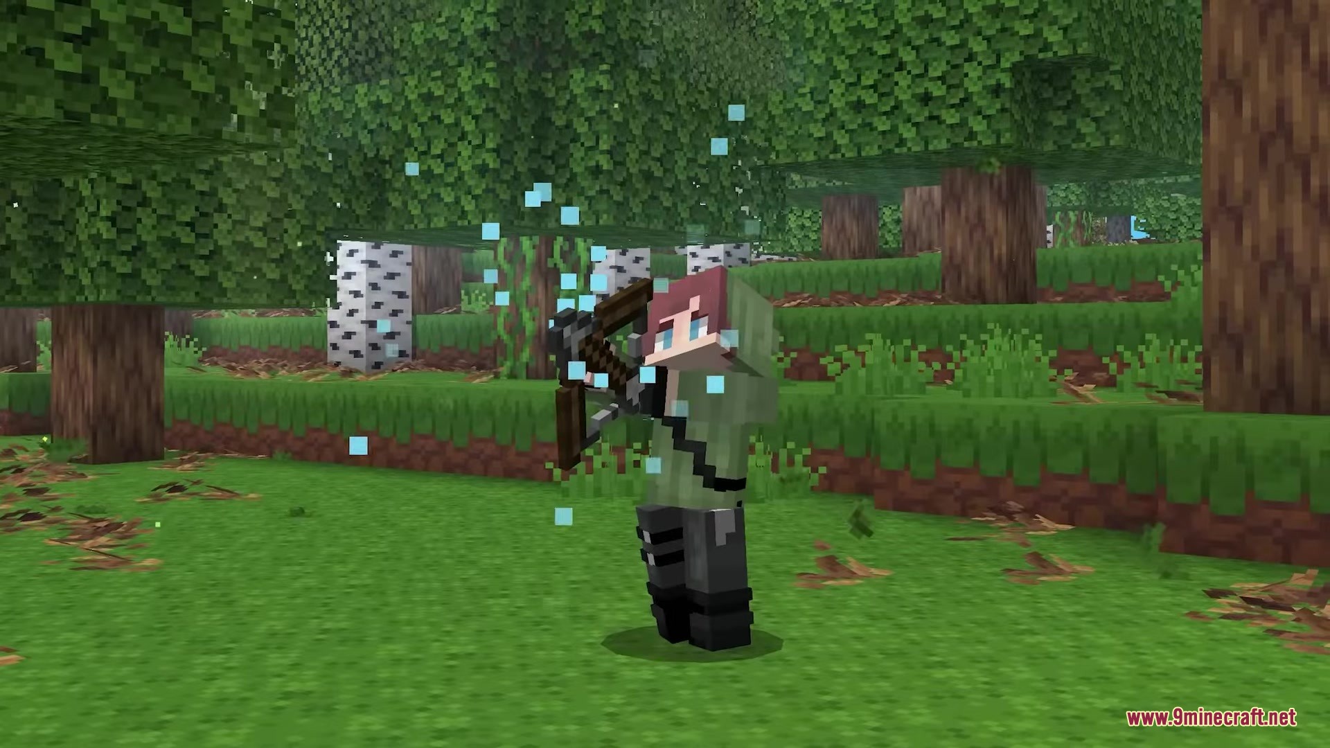 Punchy Fpa Mod (26.2, 1.20.1) – Feel The Weight Of Every Sword Swing 7 Minecraft character holding a crossbow surrounded by glowing blue particle effects