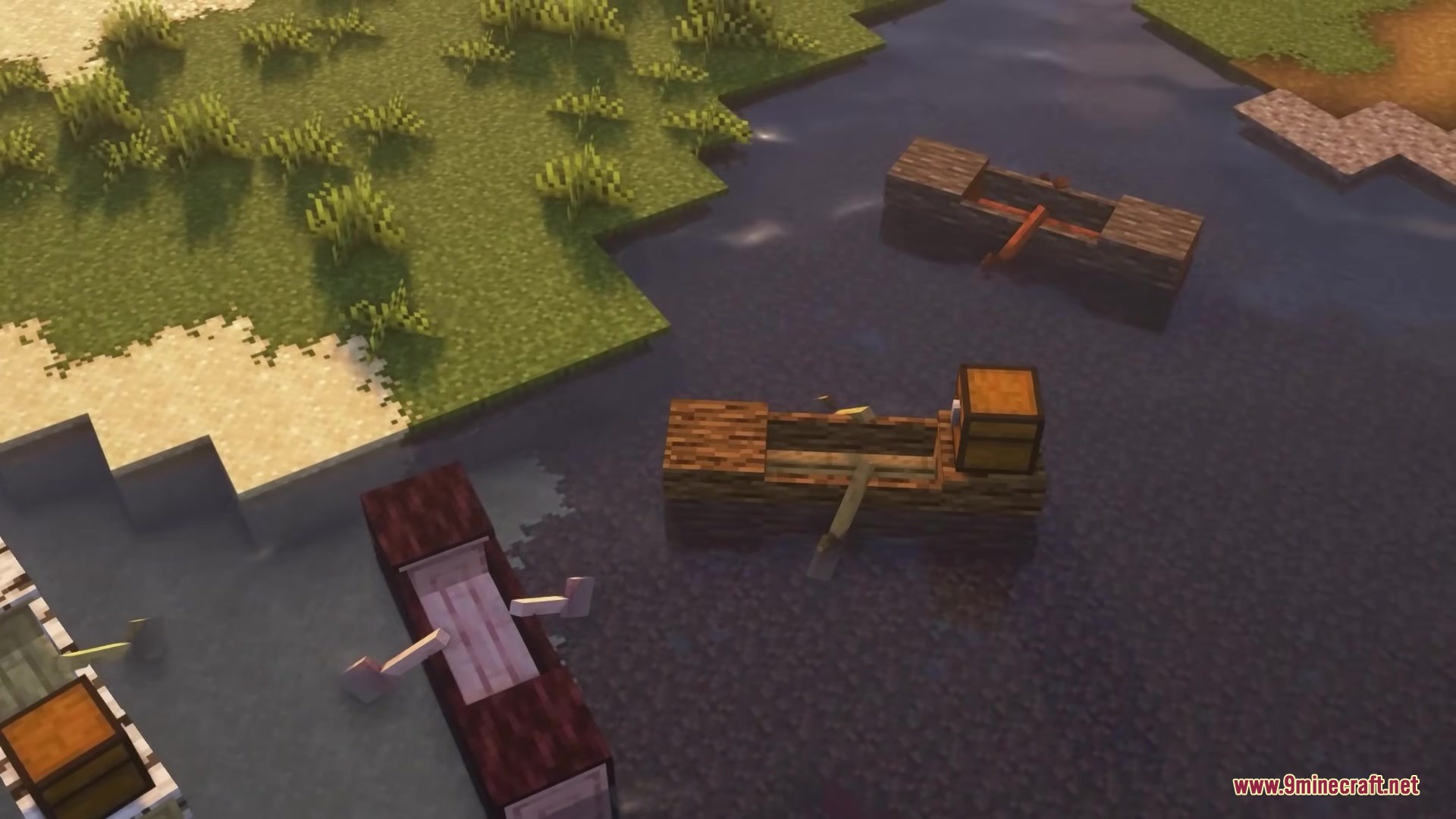 Refurbished Log Boat Resource Pack (1.21.11, 1.21.1) – Rustic Hollowed Out Tree 11 Log boats with chests floating on the water in a minecraft world