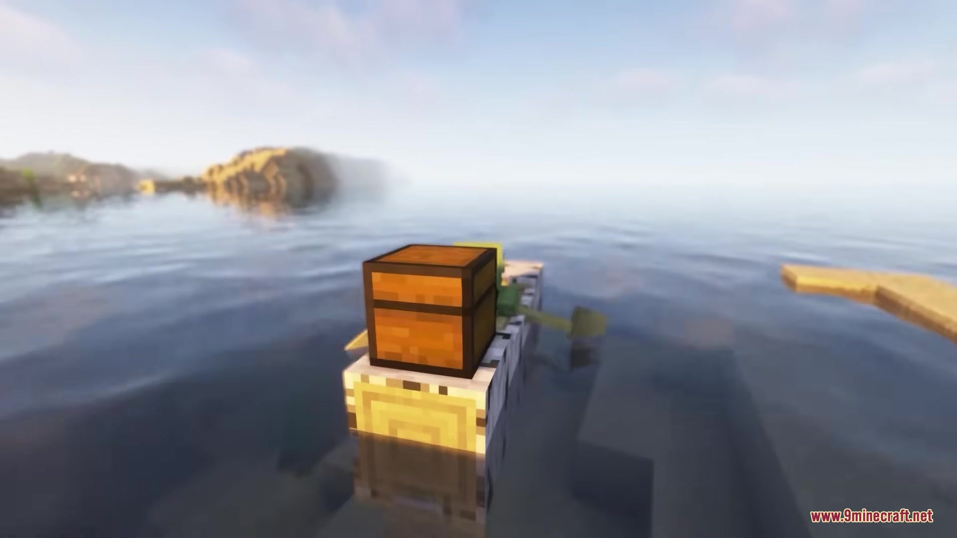 Refurbished Log Boat Resource Pack (1.21.11, 1.21.1) – Rustic Hollowed Out Tree 12 A player rows a refurbished log boat with a chest across the water