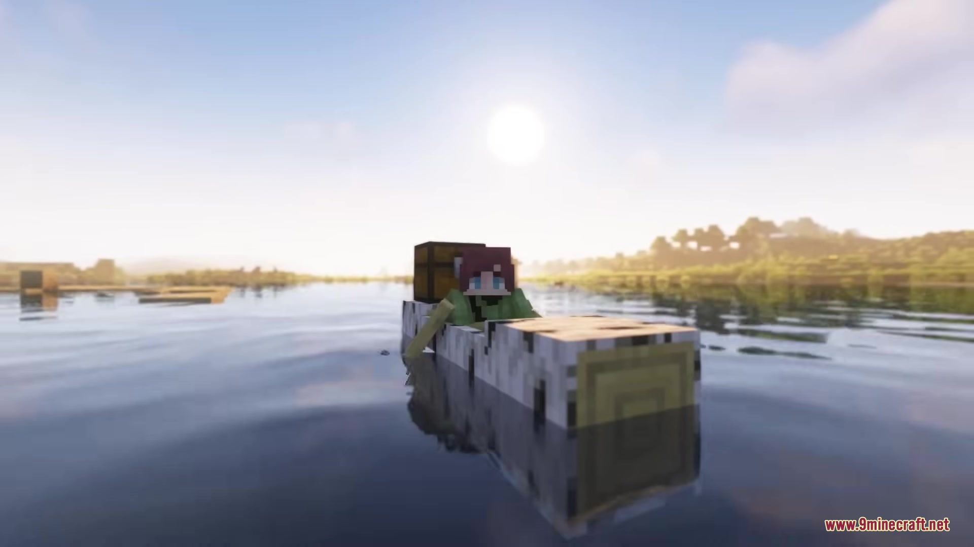 Refurbished Log Boat Resource Pack (1.21.11, 1.21.1) – Rustic Hollowed Out Tree 13 A birch log boat with a chest floats on calm water during sunset