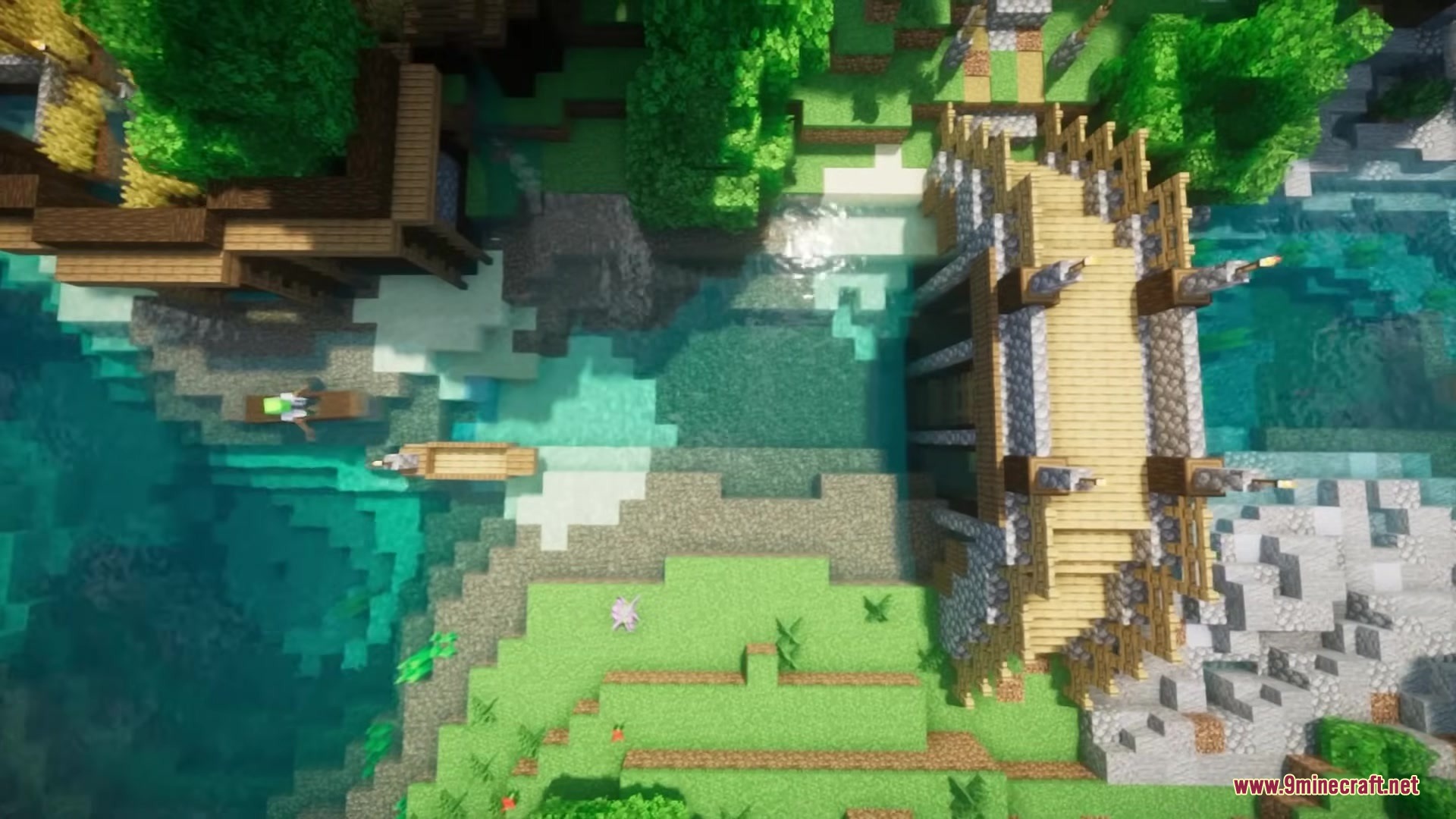 Refurbished Log Boat Resource Pack (1.21.11, 1.21.1) – Rustic Hollowed Out Tree 15 Top down view of a village with a bridge and several log boats