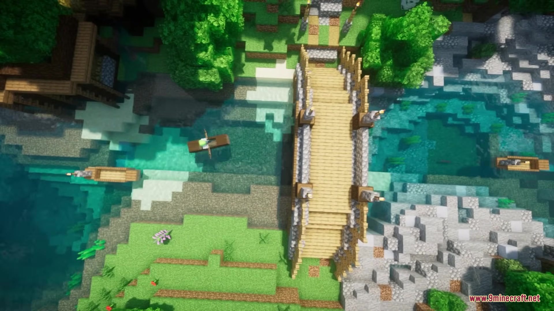 Refurbished Log Boat Resource Pack (1.21.11, 1.21.1) – Rustic Hollowed Out Tree 16 Top down view of log boats floating near a large wooden bridge