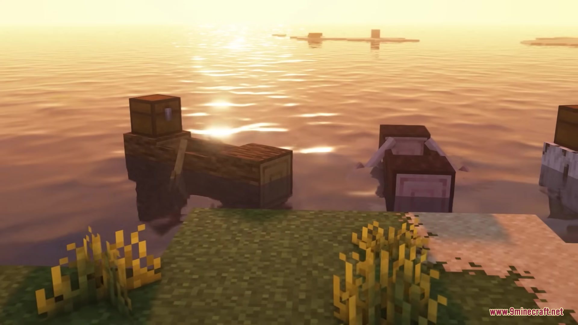 Refurbished Log Boat Resource Pack (1.21.11, 1.21.1) – Rustic Hollowed Out Tree 3 Refurbished log boats with custom textures floating on the water at sunset