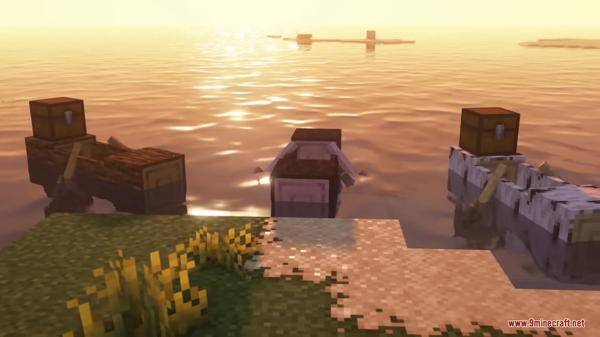 Refurbished Log Boat Resource Pack (1.21.11, 1.21.1) – Rustic Hollowed Out Tree 4 Three hollowed log boats with chests floating on the water at sunset