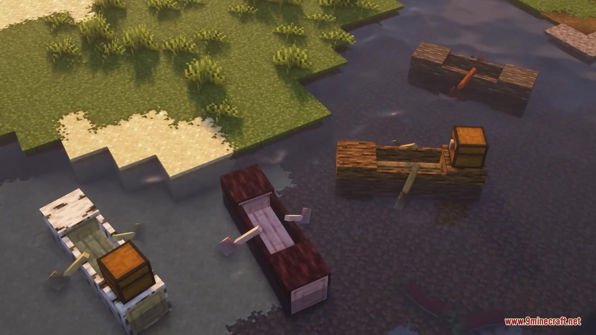Refurbished Log Boat Resource Pack (1.21.11, 1.21.1) – Rustic Hollowed Out Tree 10 Four hollowed log boats of different wood types floating near the shore