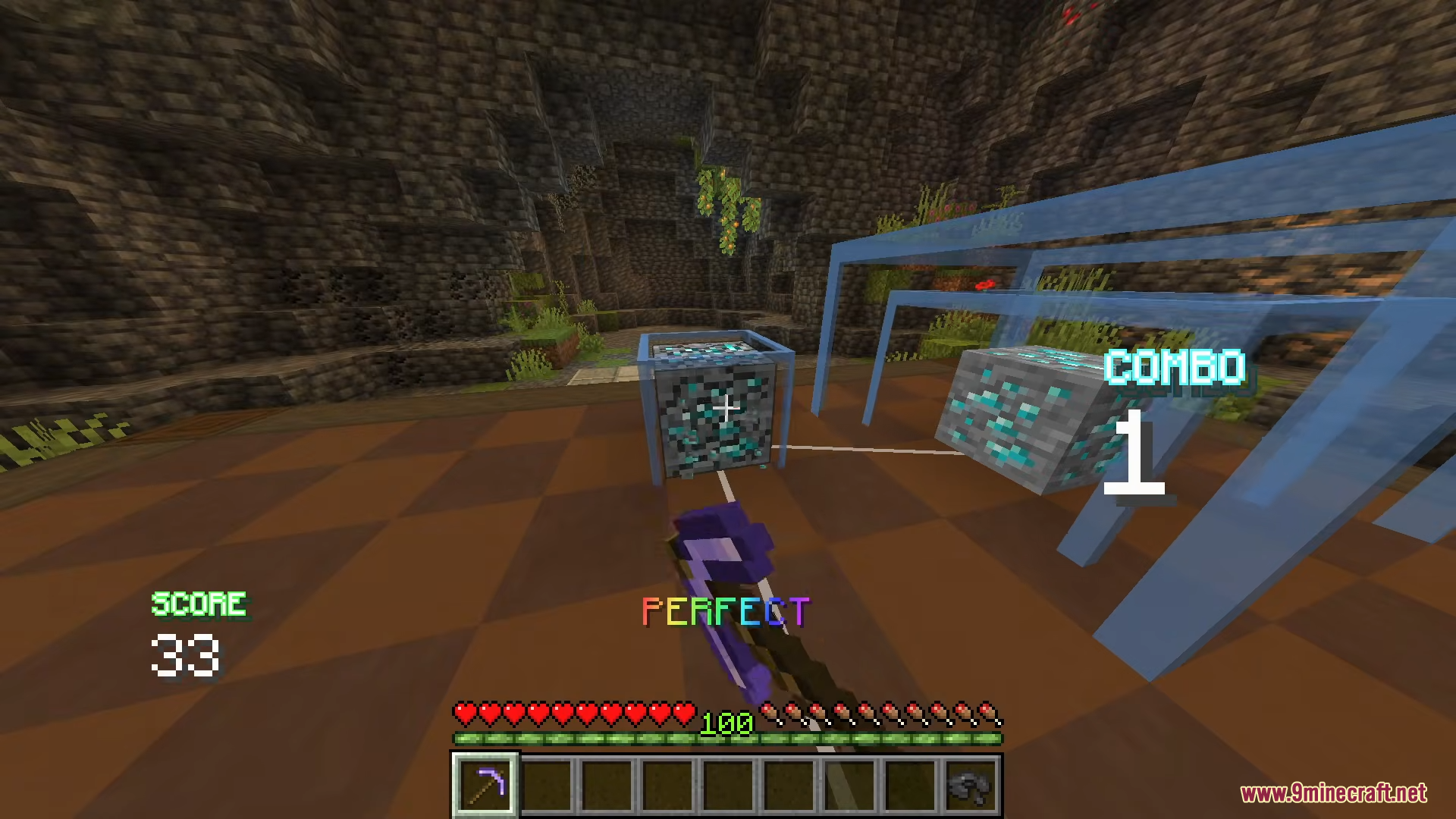 Rhythm Mining Map (26.2, 1.20.1) – Mine To The Beat 4 Player mining diamond ore with a pickaxe in rhythm mining map
